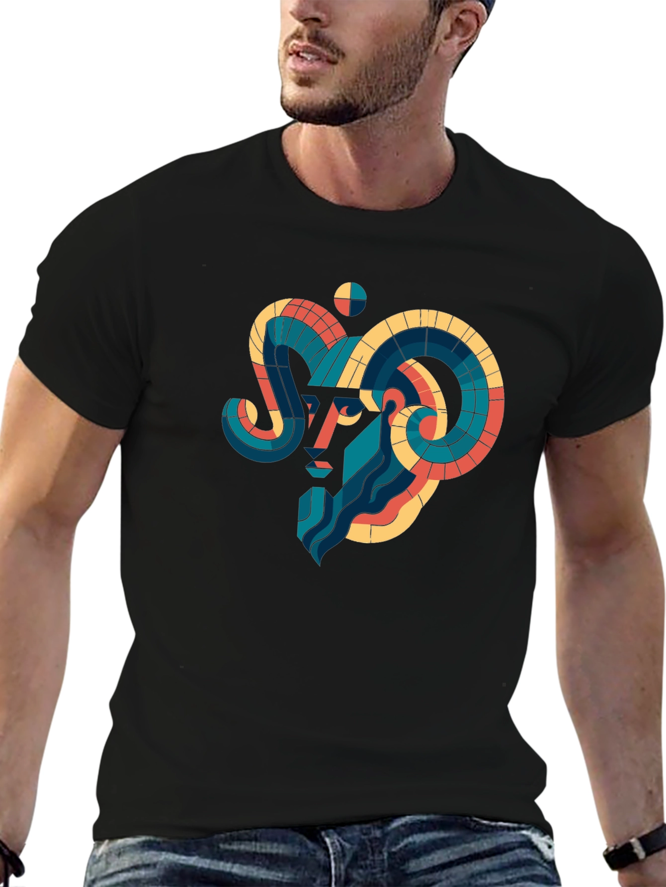 Black Geometric Aries Ram Graphic Tee - Black view 6