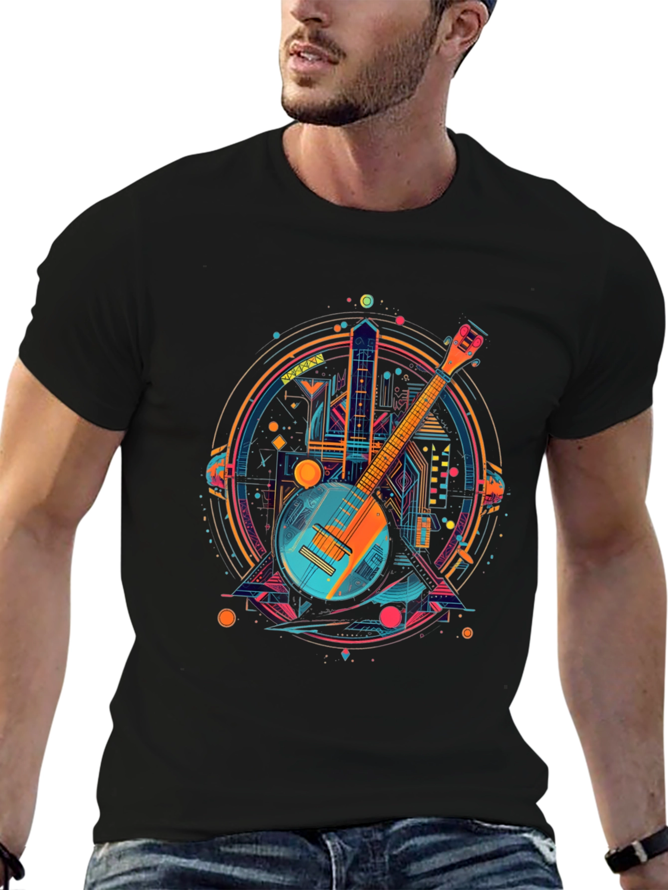Black Neon Banjo Graphic T-Shirt - Unique Music Design view 6