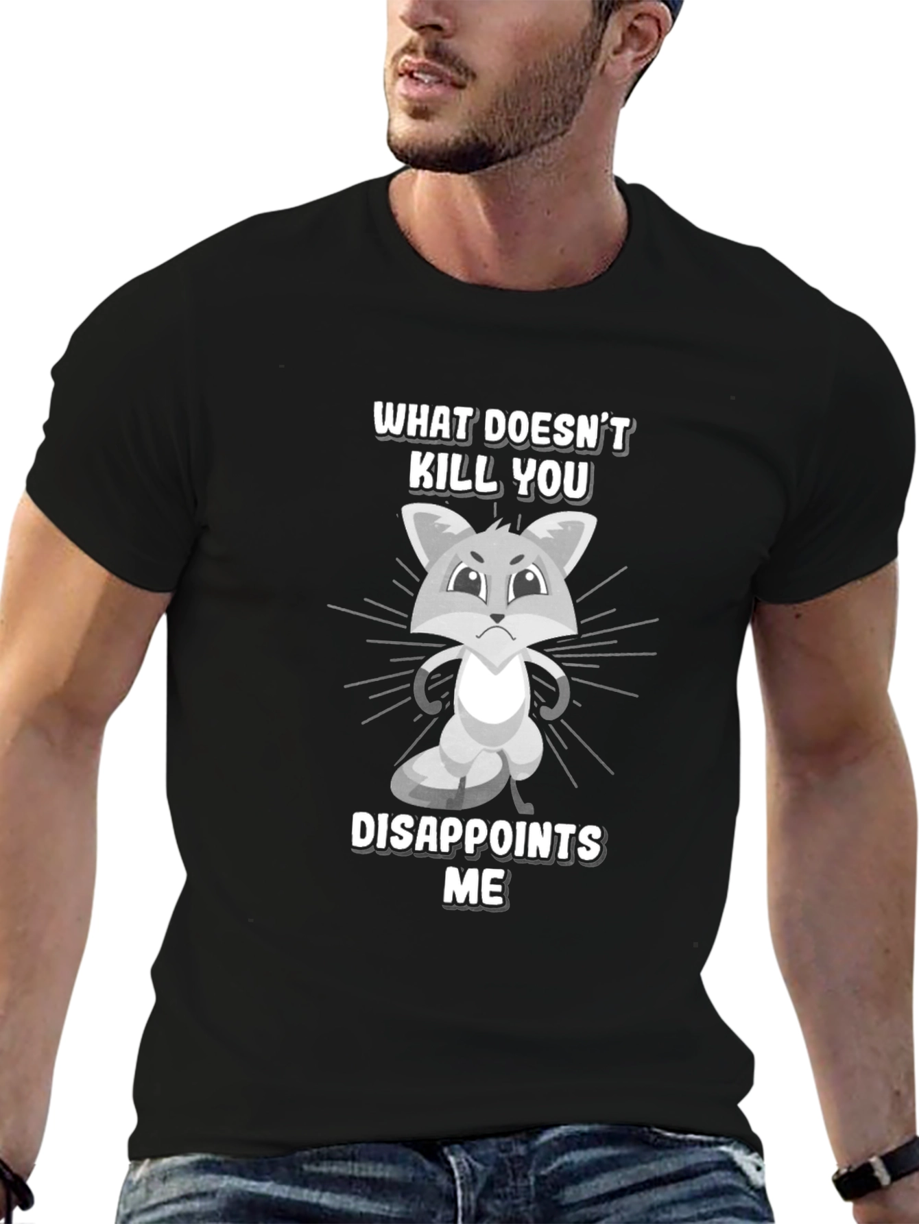 Black Funny Disappointed Fox Graphic T-Shirt view 6
