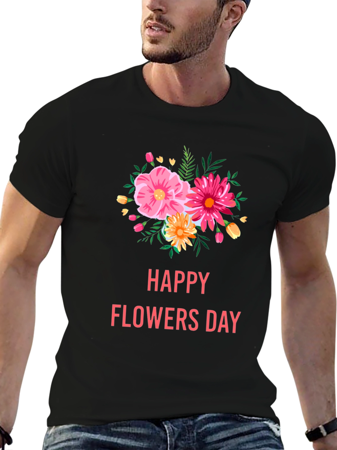 Black Floral Graphic Black T-Shirt - Happy Flowers Day view 6