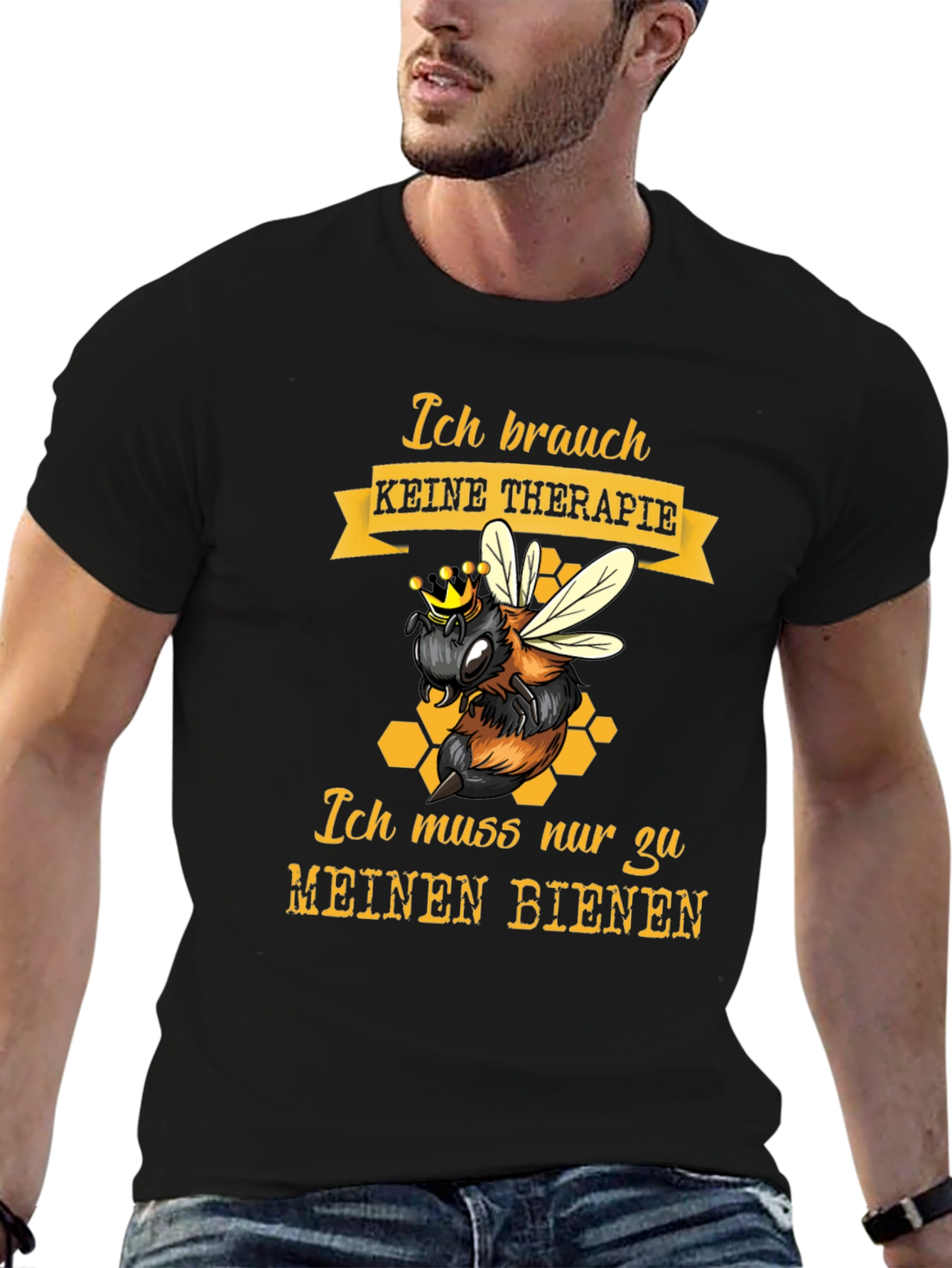 Black Bee Therapy T-Shirt - German Slogan, Honeycomb Design view 6