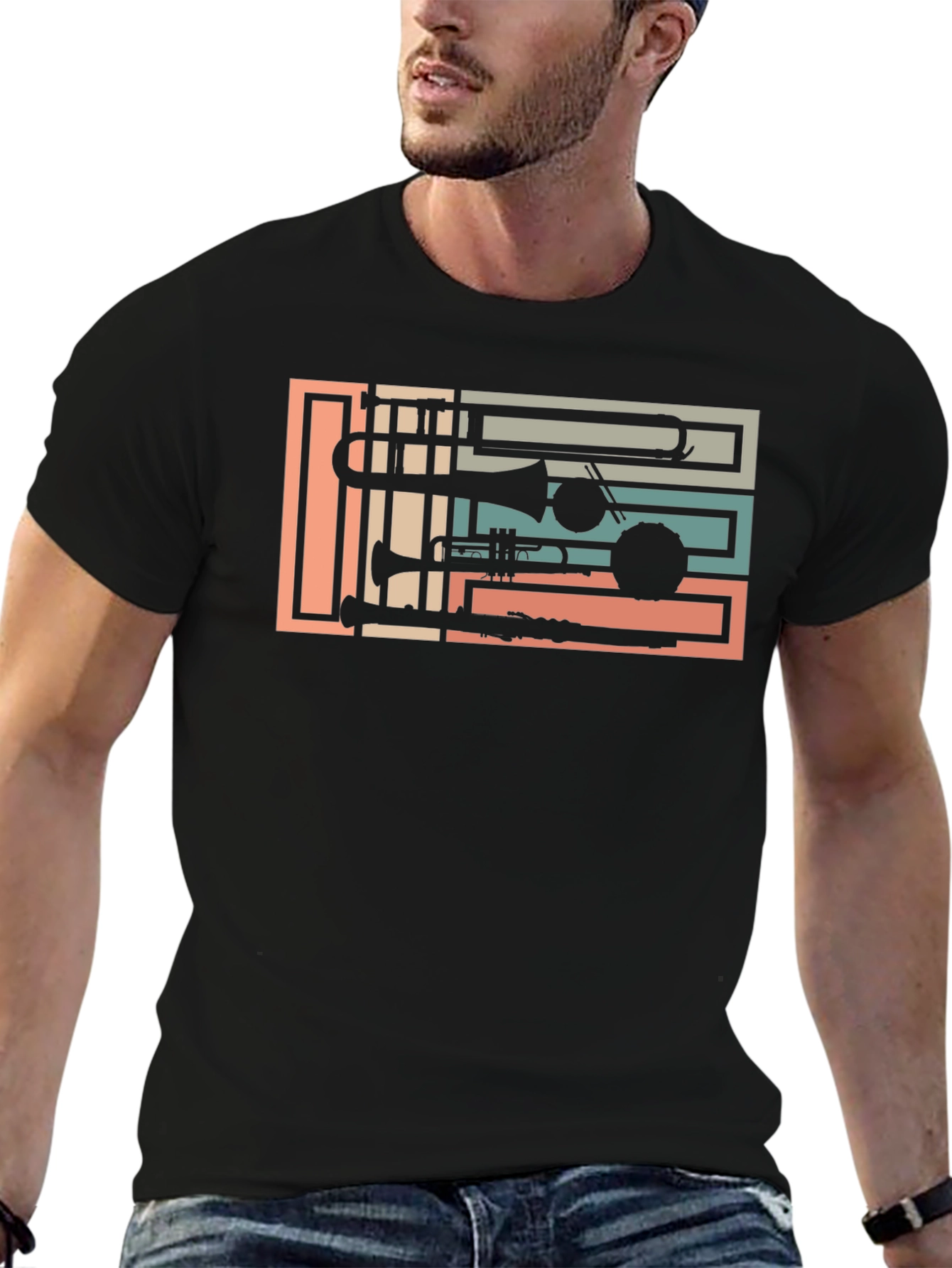 Black Retro Music Instrument Black Graphic Tee view 6