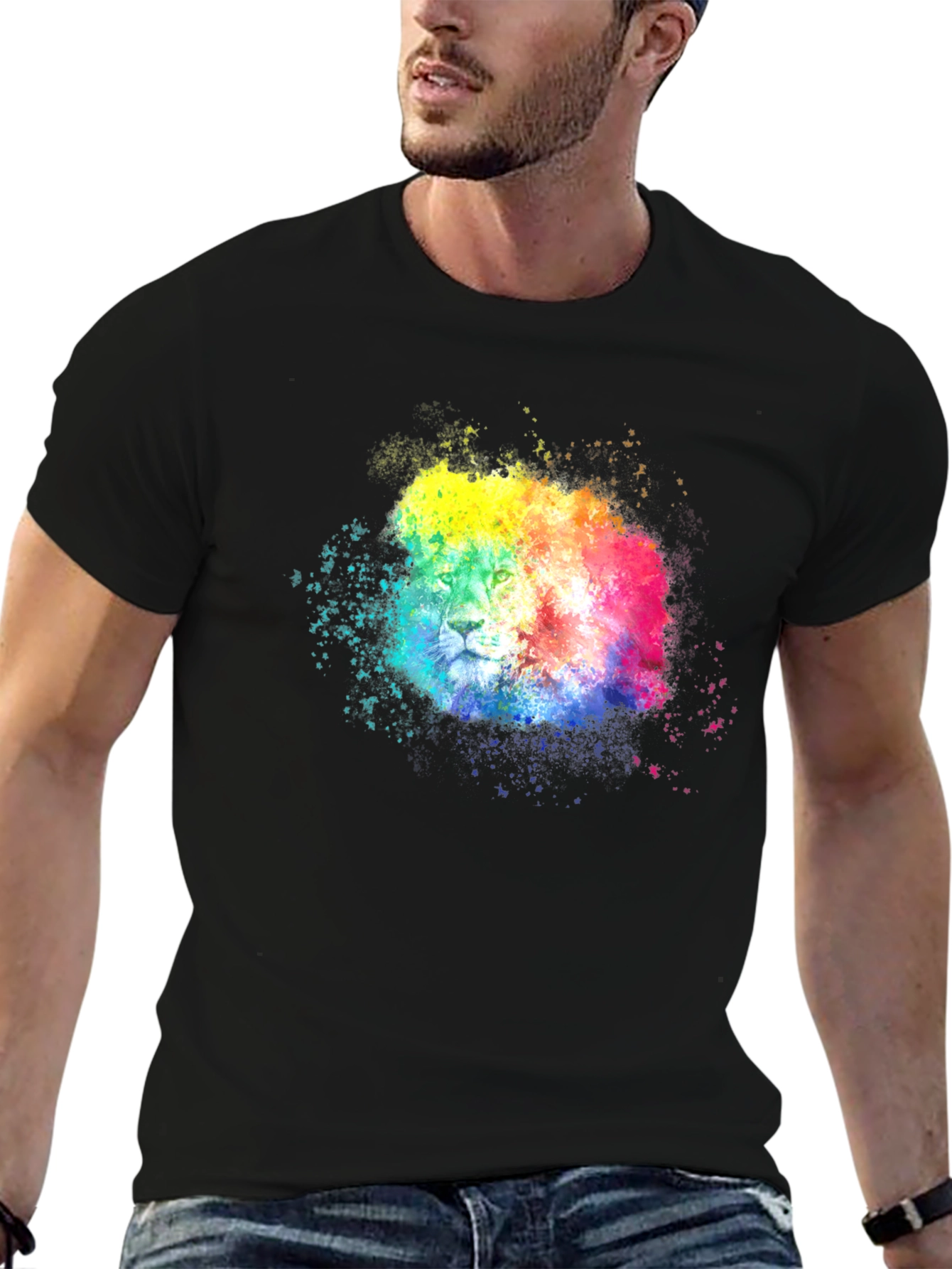 Black Rainbow Lion Splatter Graphic Tee - Black view 6