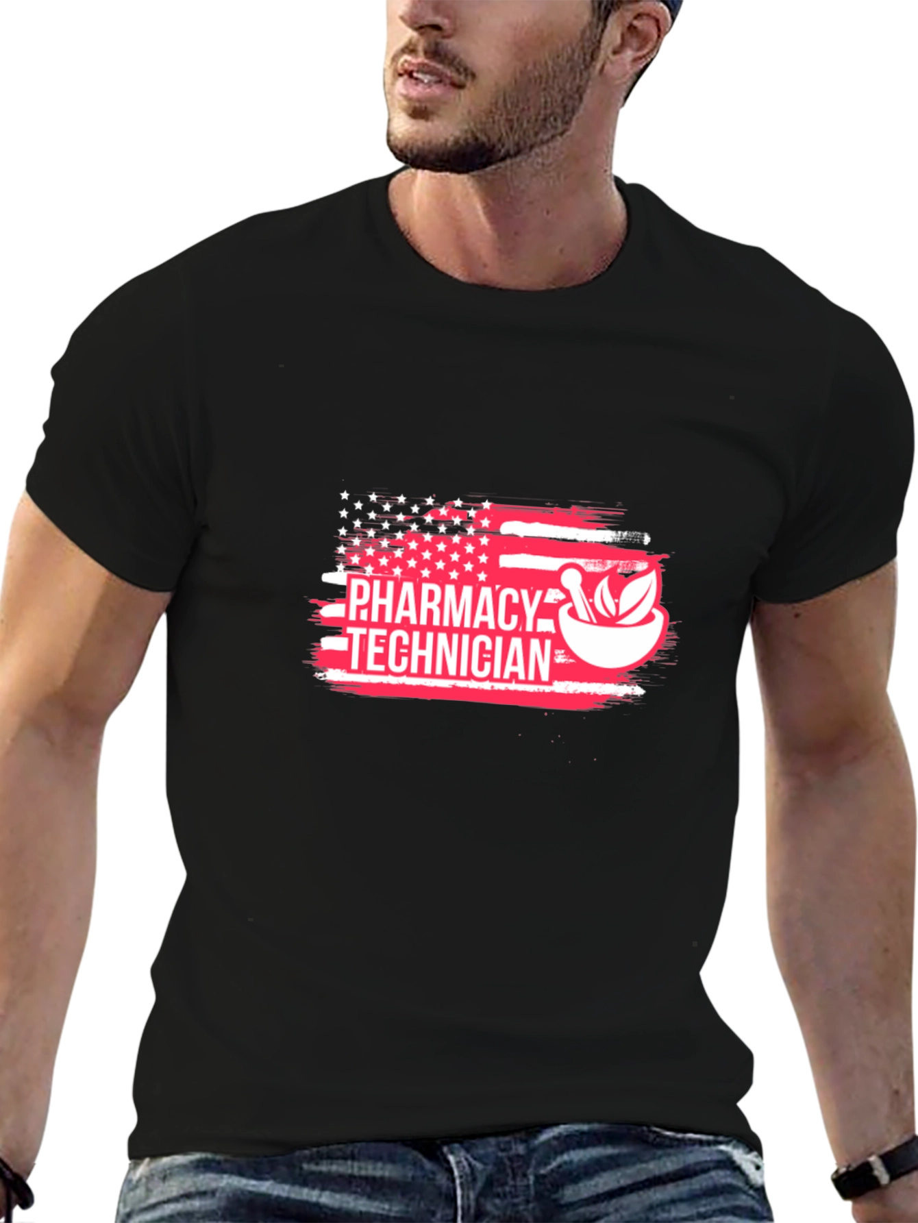 Black Pharmacy Technician American Flag Graphic T-Shirt view 6