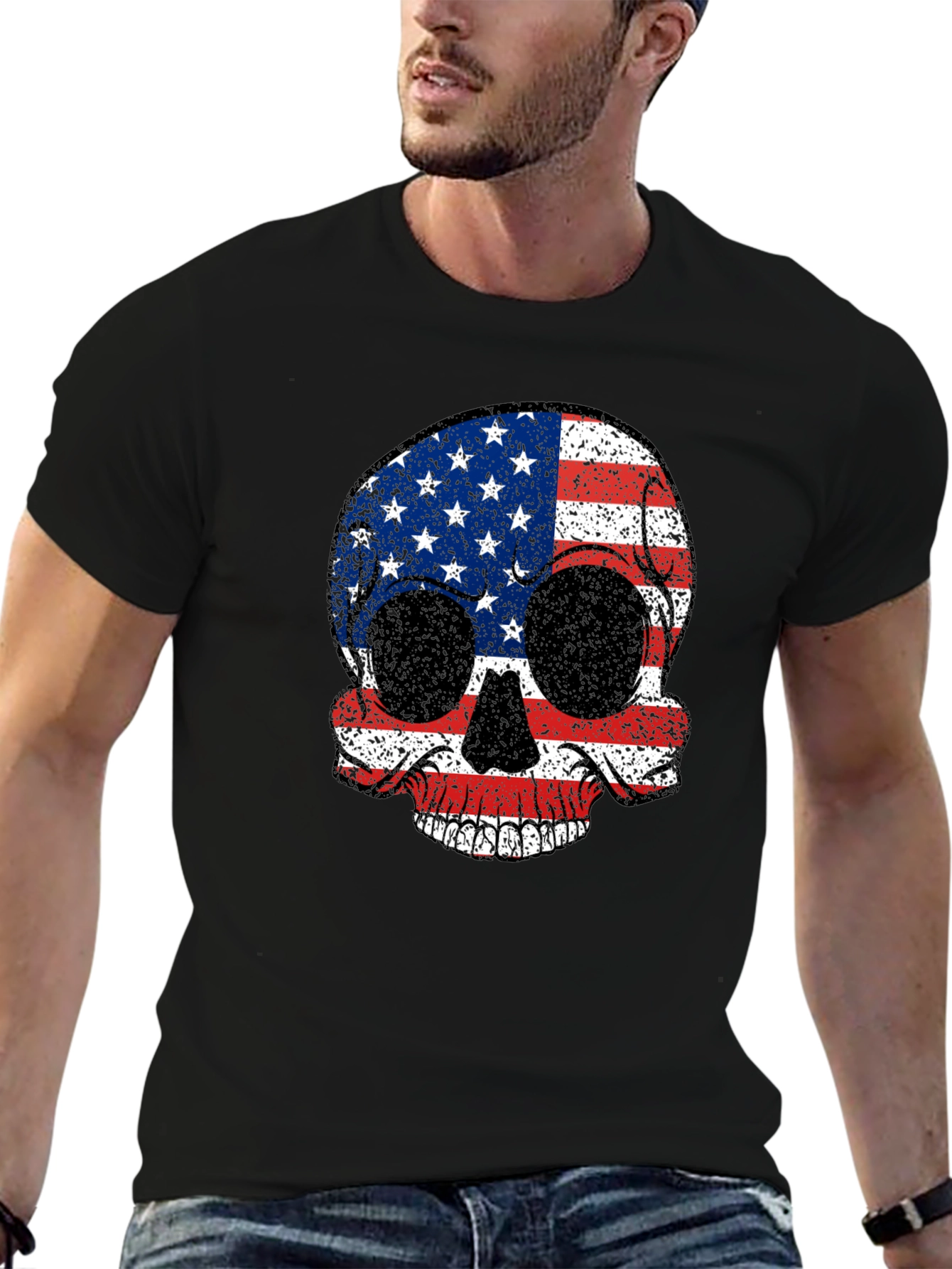 Black American Flag Skull Graphic Tee - Patriotic Style view 6
