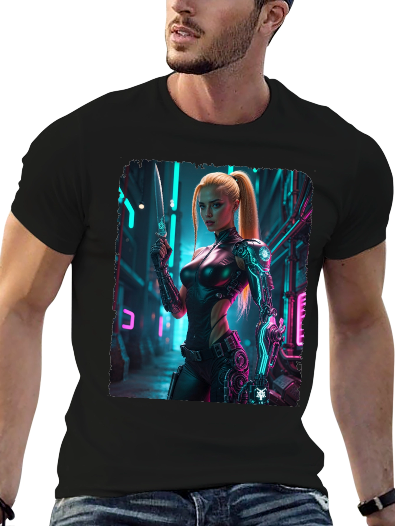Black Cyberpunk Girl T-Shirt - Sci-Fi Warrior Tee view 6