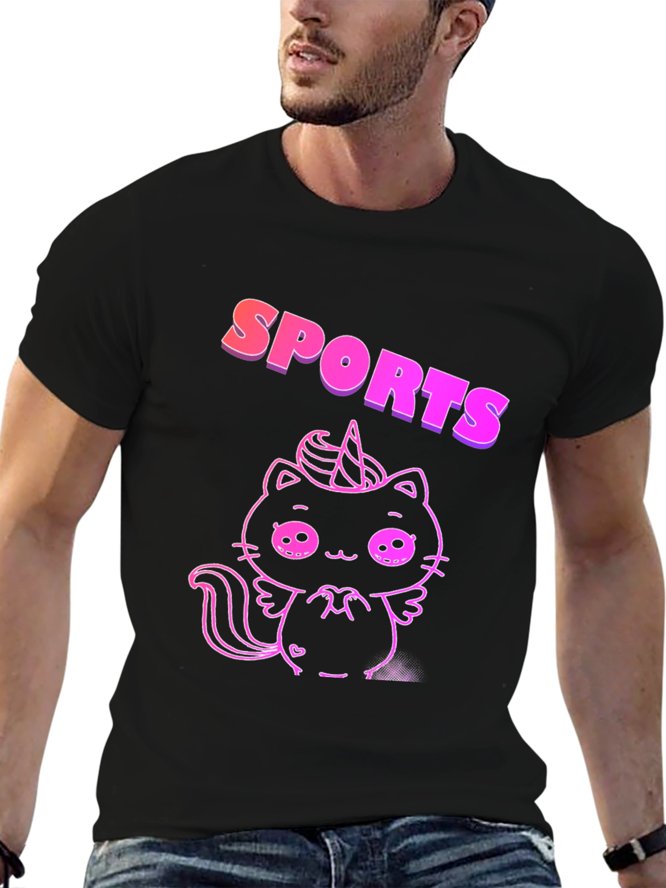 Black SPORTS Cat Unicorn Black T-Shirt view 6