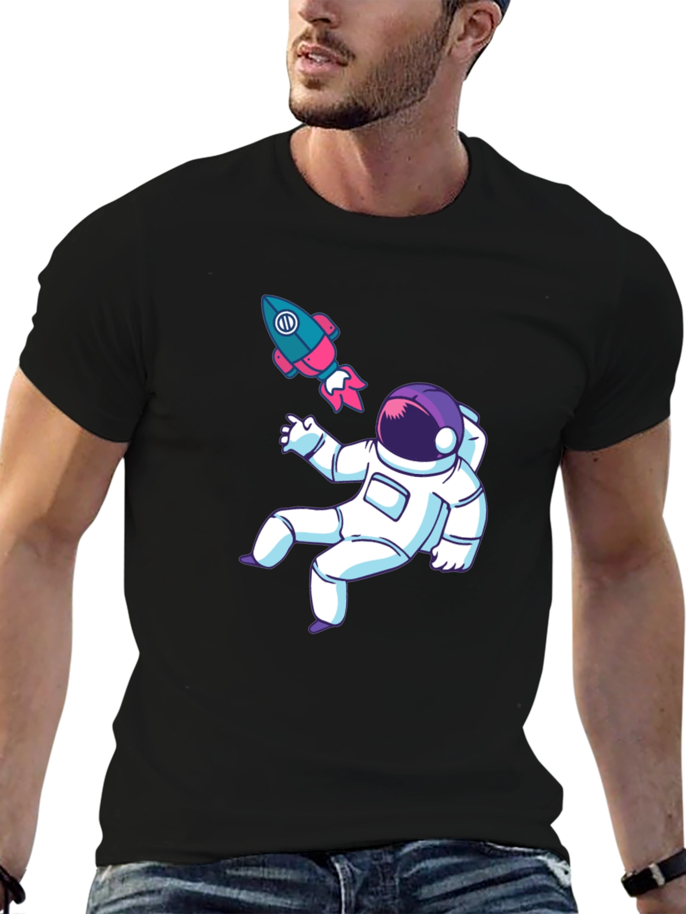 Black Astronaut & Rocket Graphic Tee - Black Cotton T-Shirt view 6