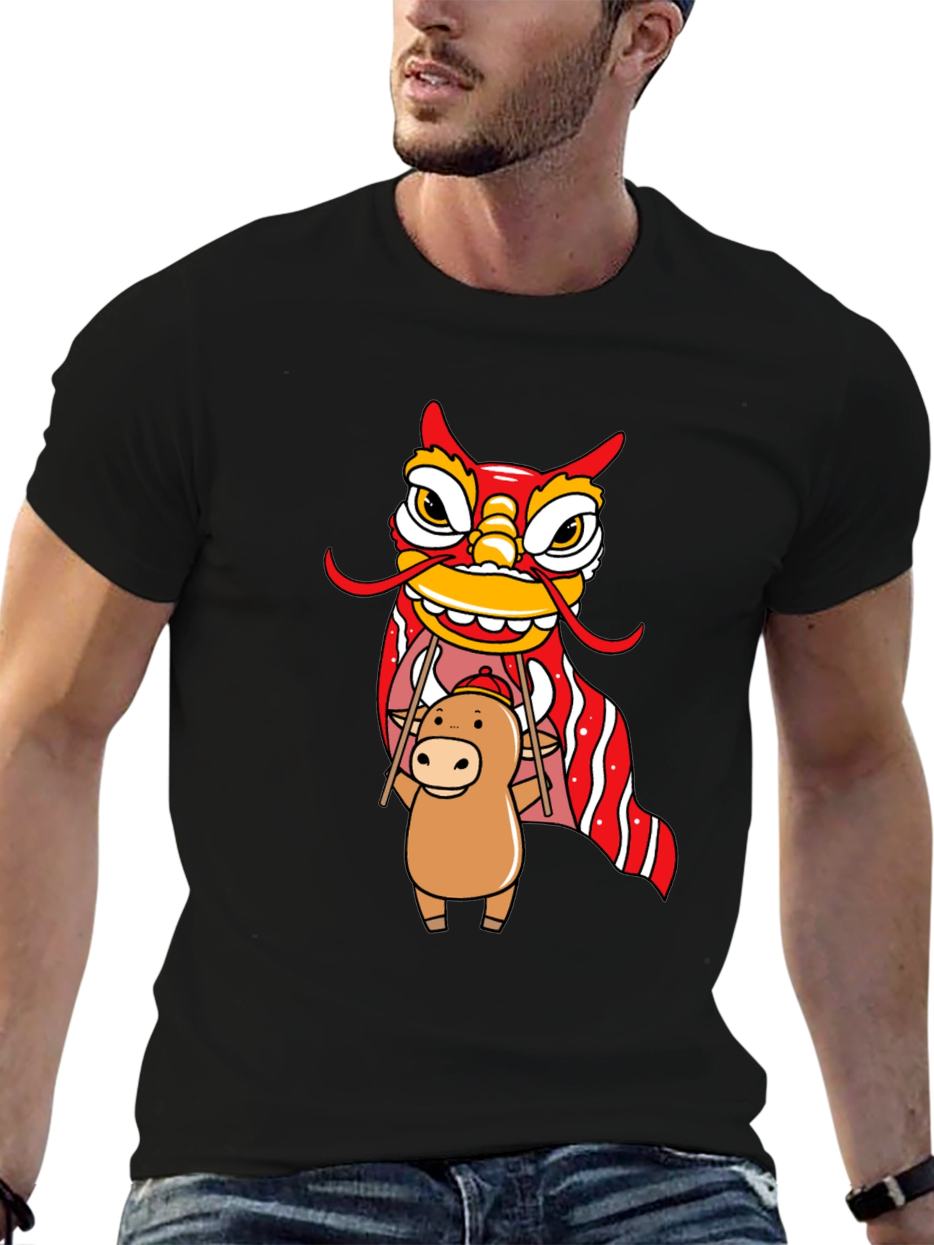 Black Cute Ox & Lion Dance Graphic T-Shirt view 6
