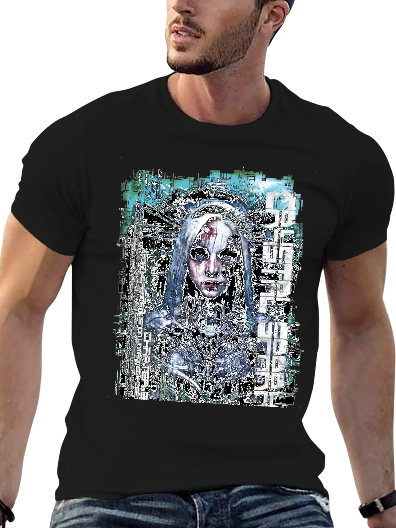 Black Cyberpunk Anime Graphic Black T-Shirt view 6