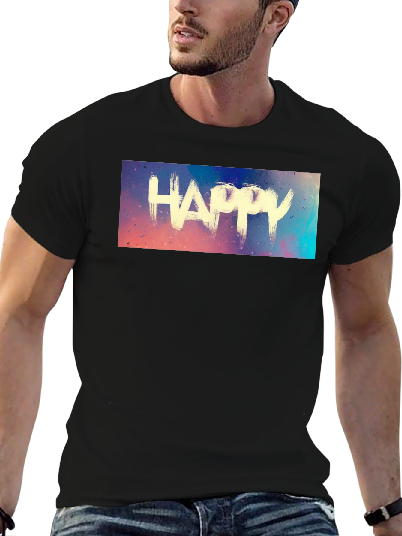 Black Happy Graphic Tee - Black Cotton Casual Shirt view 6
