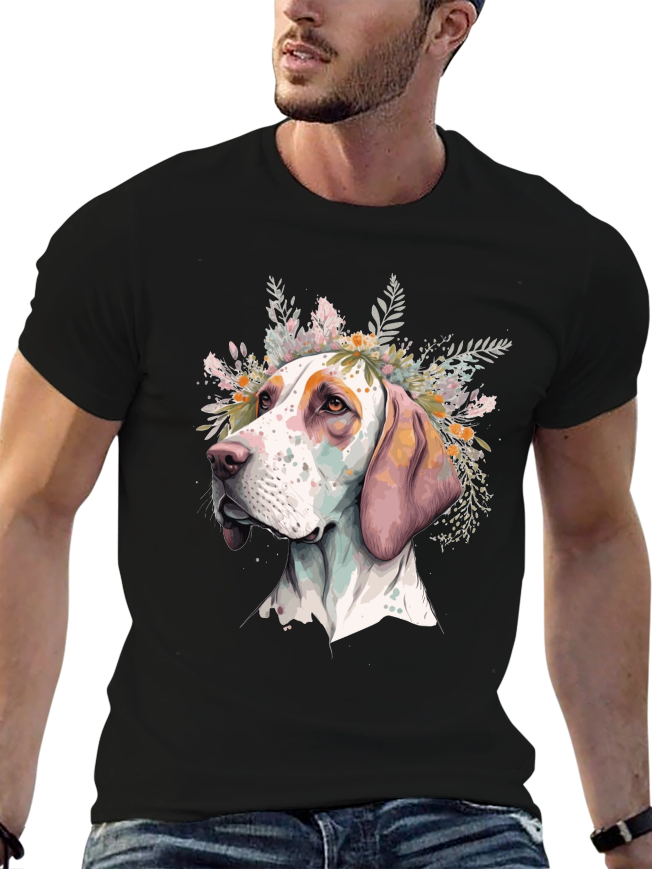 Black Dog with Flowers Graphic Tee - Unisex Black T-Shirt view 6