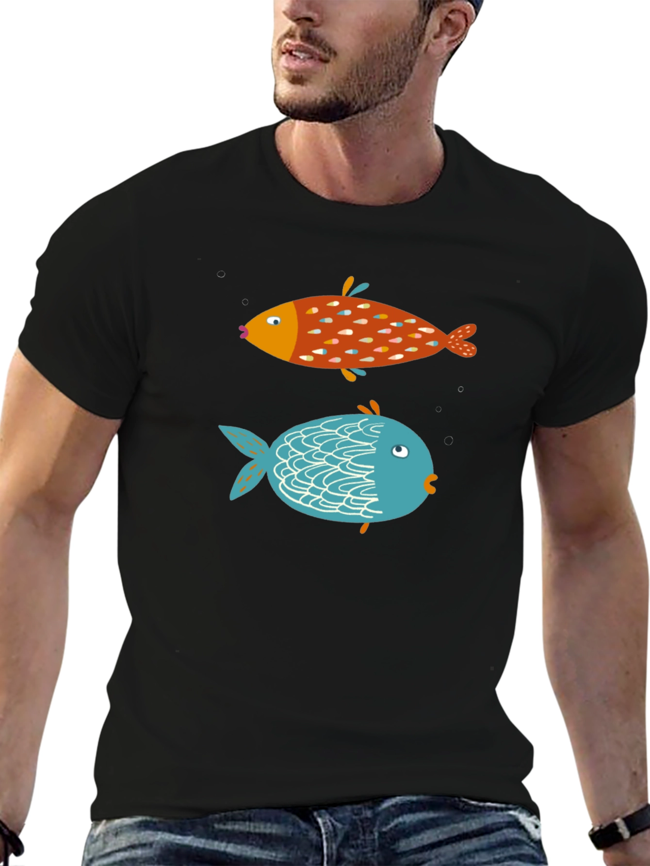 Black Fun Fish Graphic Tee - Black Cotton T-Shirt view 6