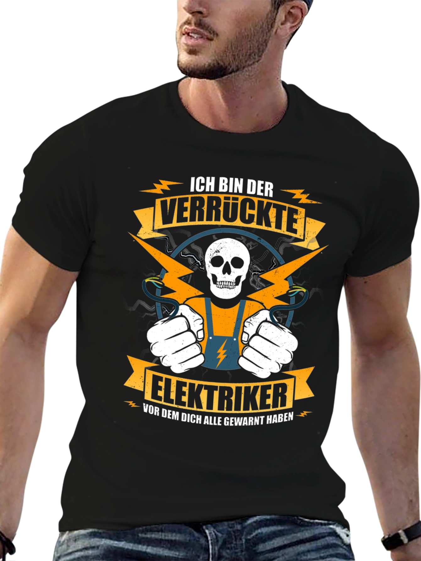 Black Crazy Electrician T-Shirt - Funny Skull Design view 6