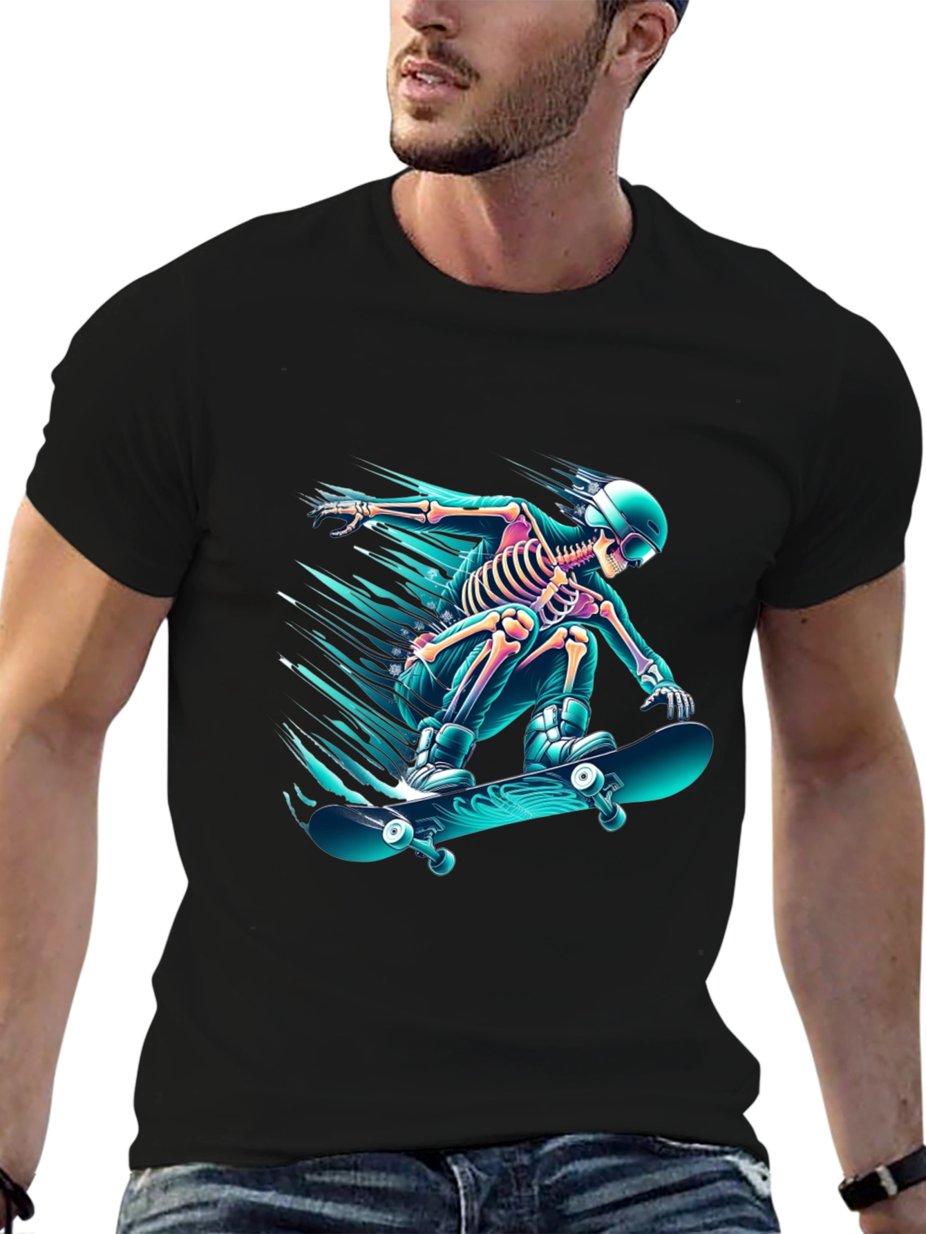 Black Skateboarding Skeleton Graphic Tee - Black Cotton Shirt view 6