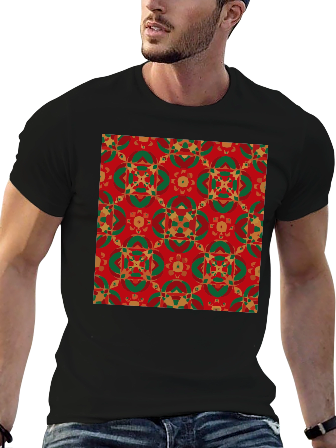 Black Festive Patterned Crew Neck T-Shirt view 6