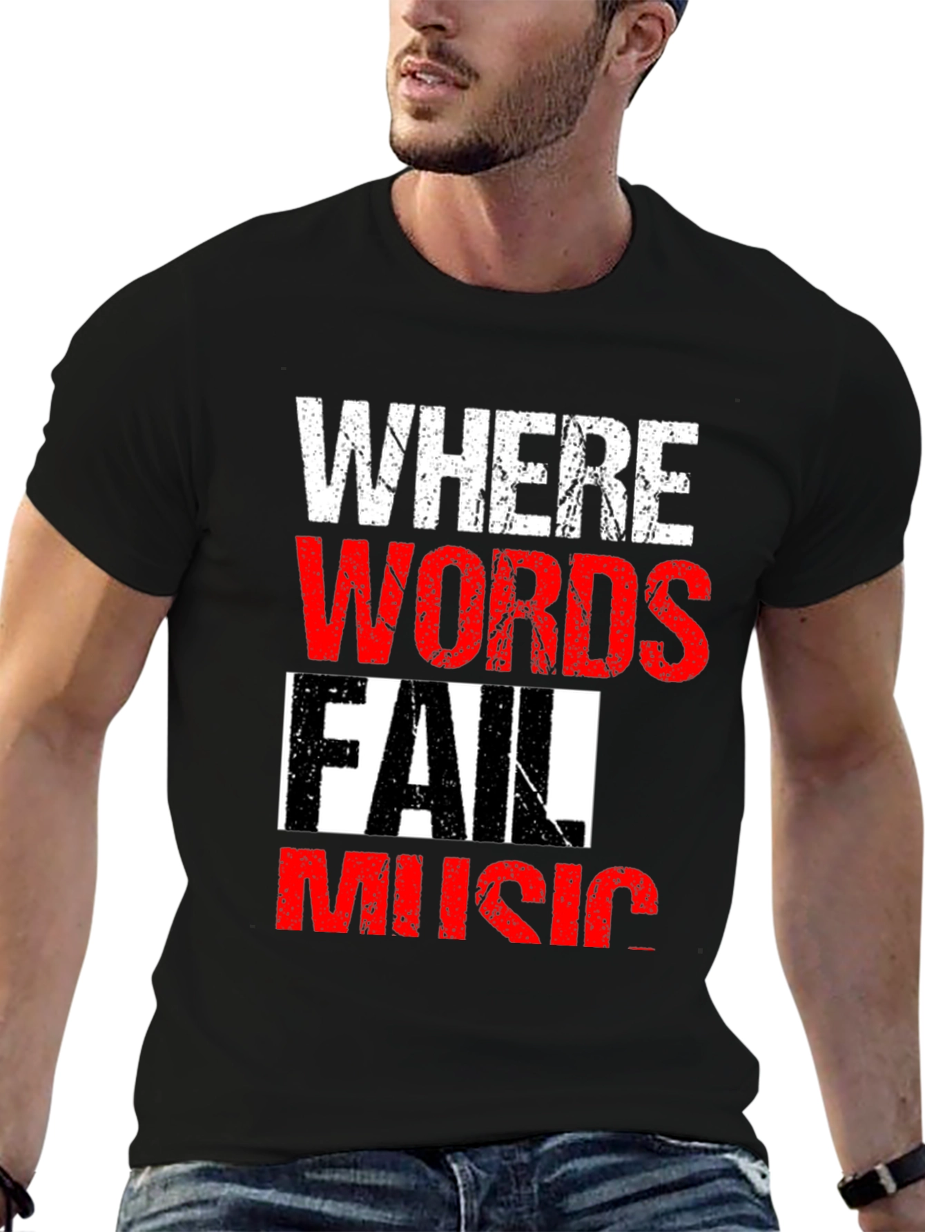 Black Where Words Fail Music Men's Black T-Shirt view 6