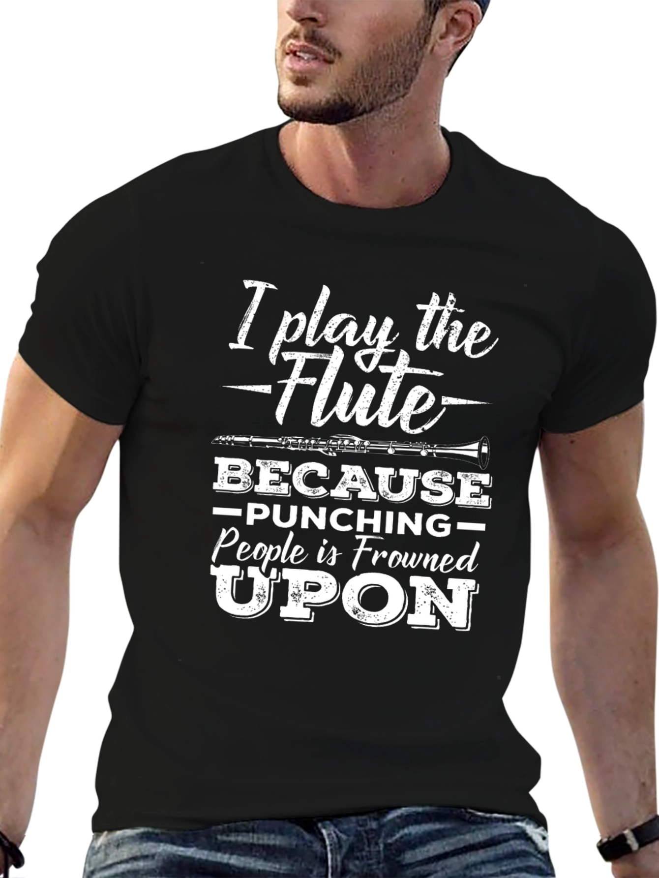 Black Flute Player Humor T-Shirt: Punching People is Frowned Upon view 6