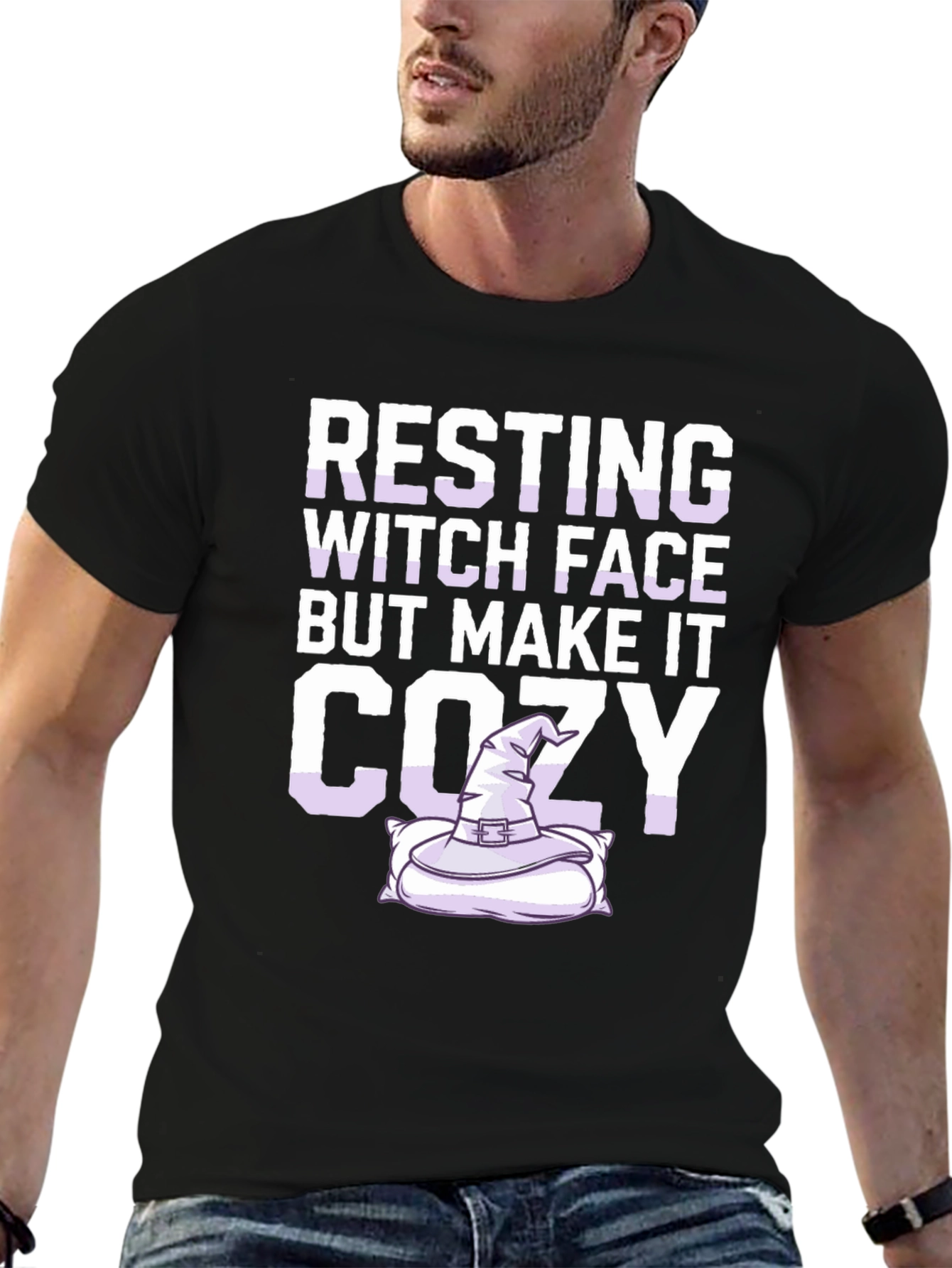 Black Resting Witch Face Cozy T-Shirt - Halloween Apparel view 6
