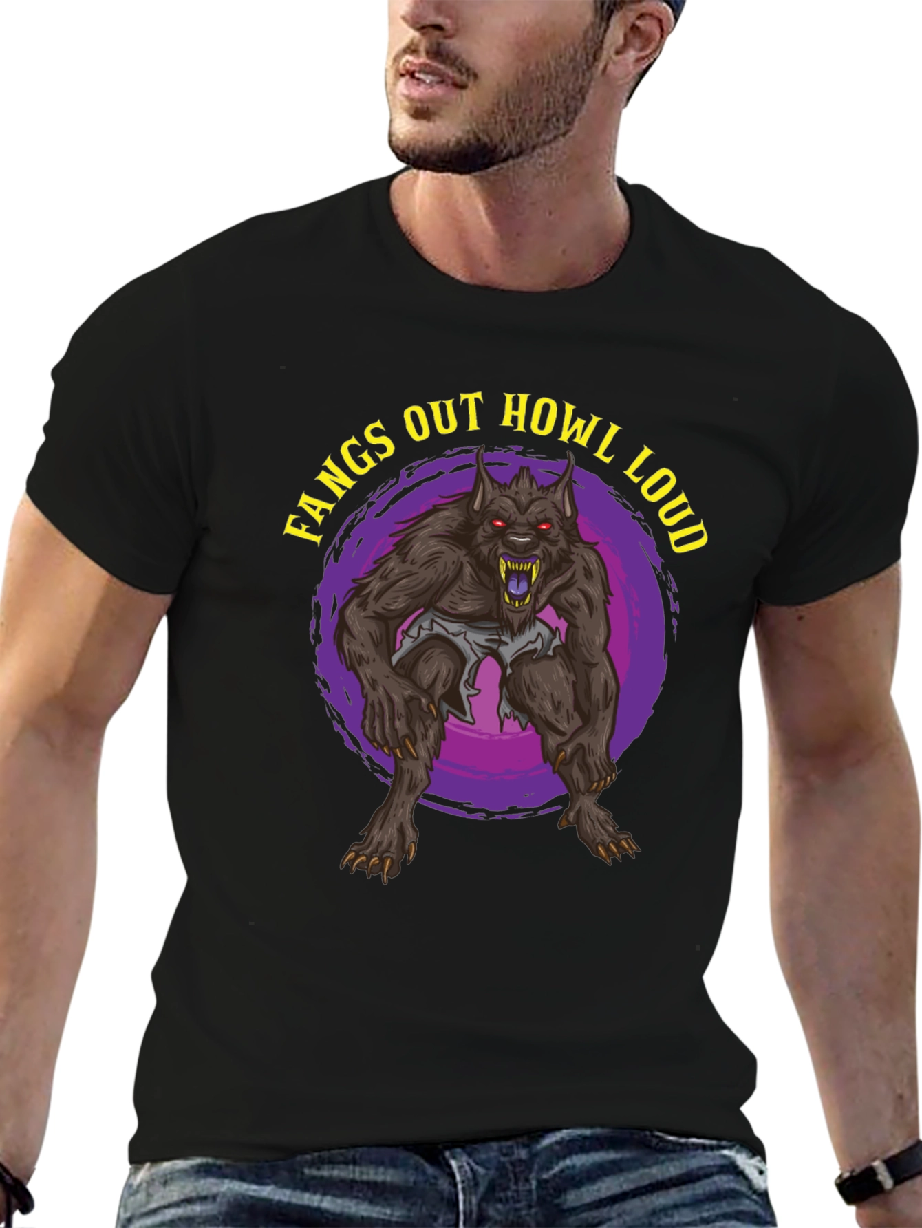 Black Fangs Out Howl Loud Werewolf T-Shirt view 6