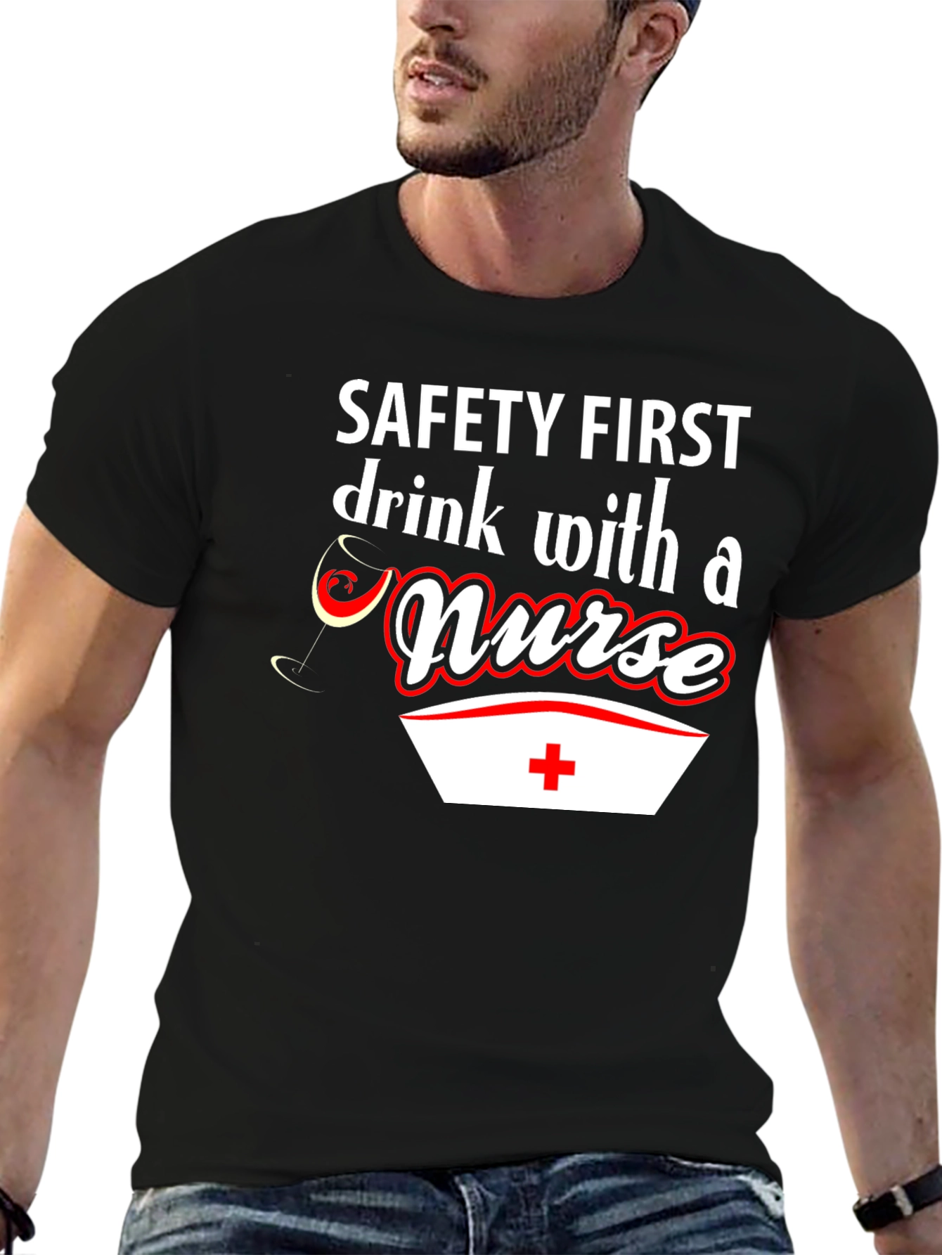 Black Safety First Drink With a Nurse T-Shirt view 6