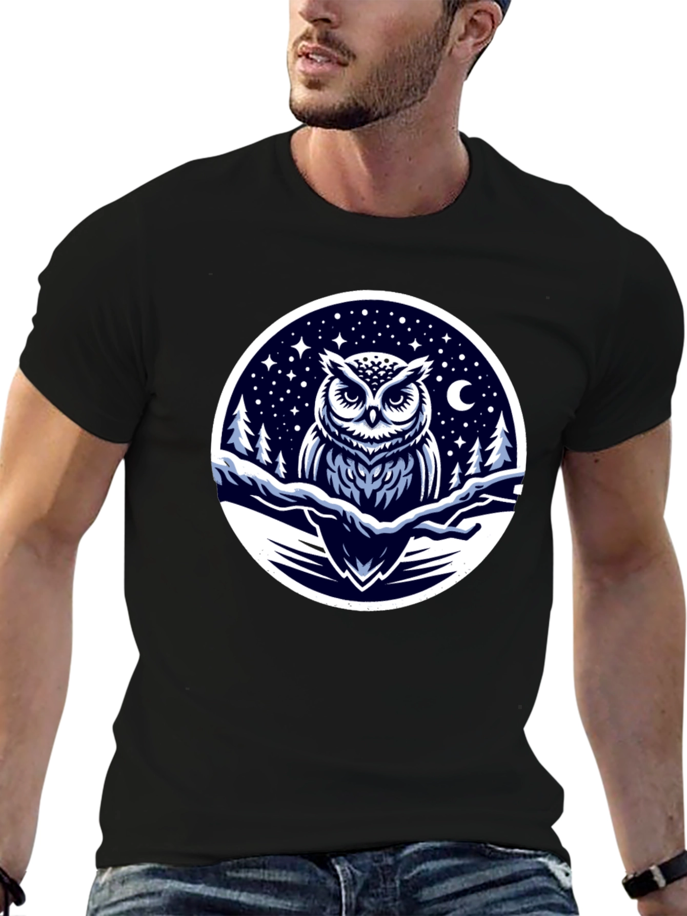 Black Owl Night Sky Graphic Tee - Black Cotton Blend view 6