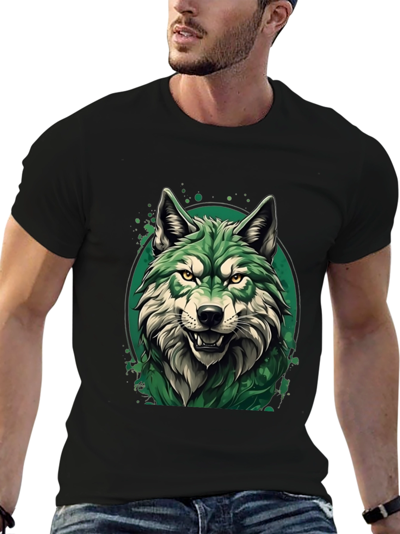 Black Green Wolf Graphic T-Shirt - Stylish Animal Tee view 6