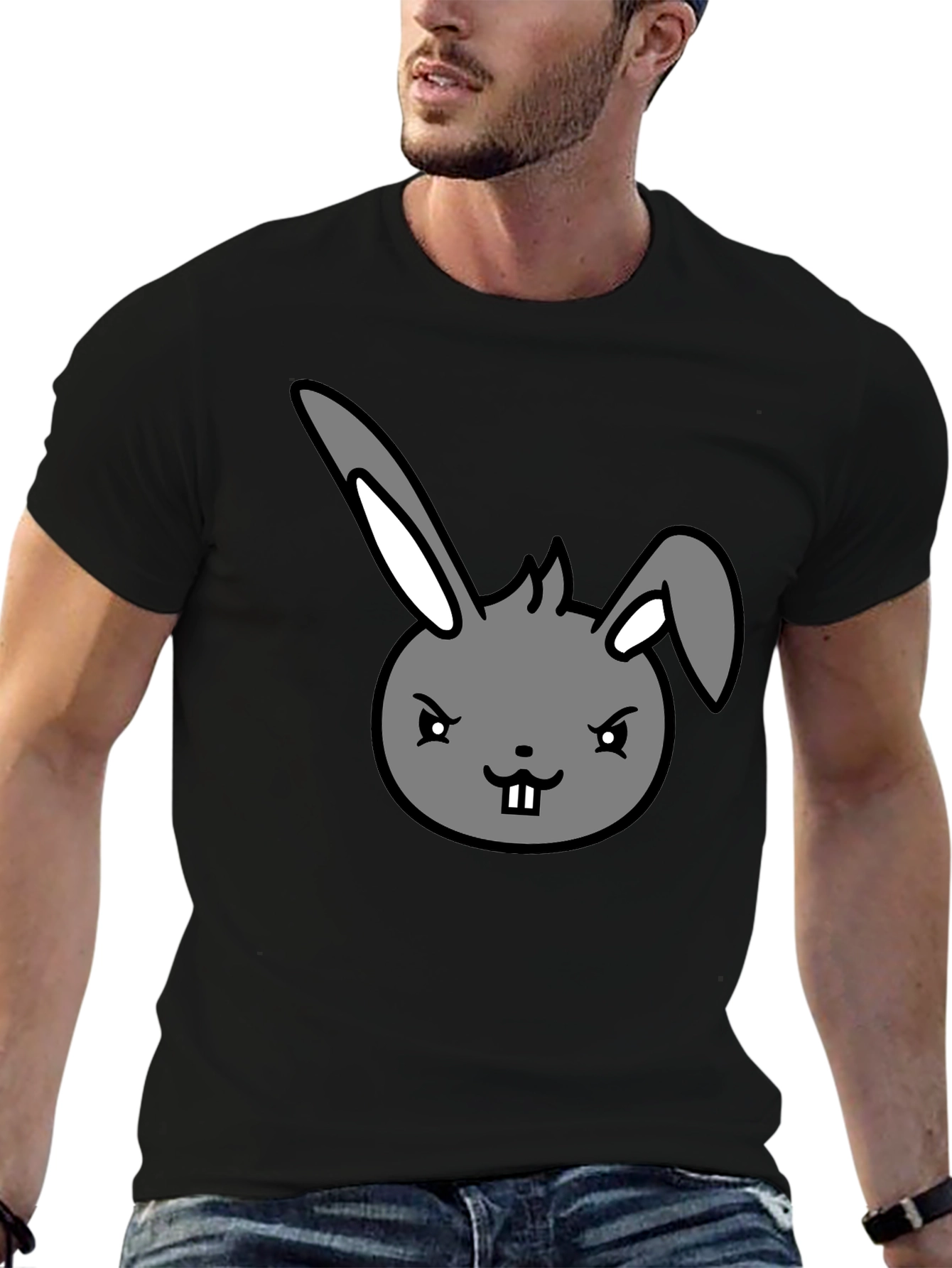 Black Men's Black T-Shirt with Cartoon Bunny Design view 6