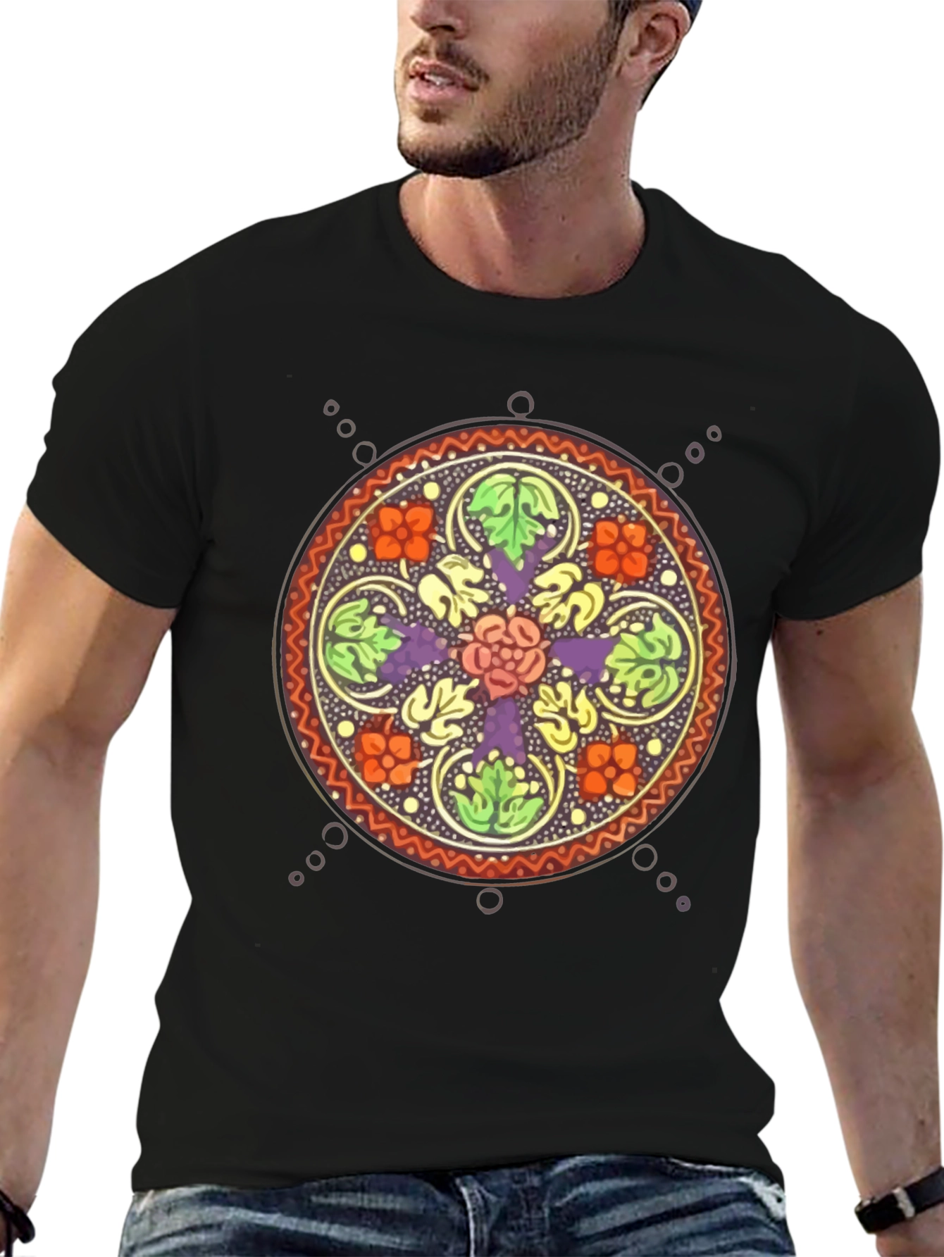 Black Floral Mandala Graphic Black T-Shirt view 6