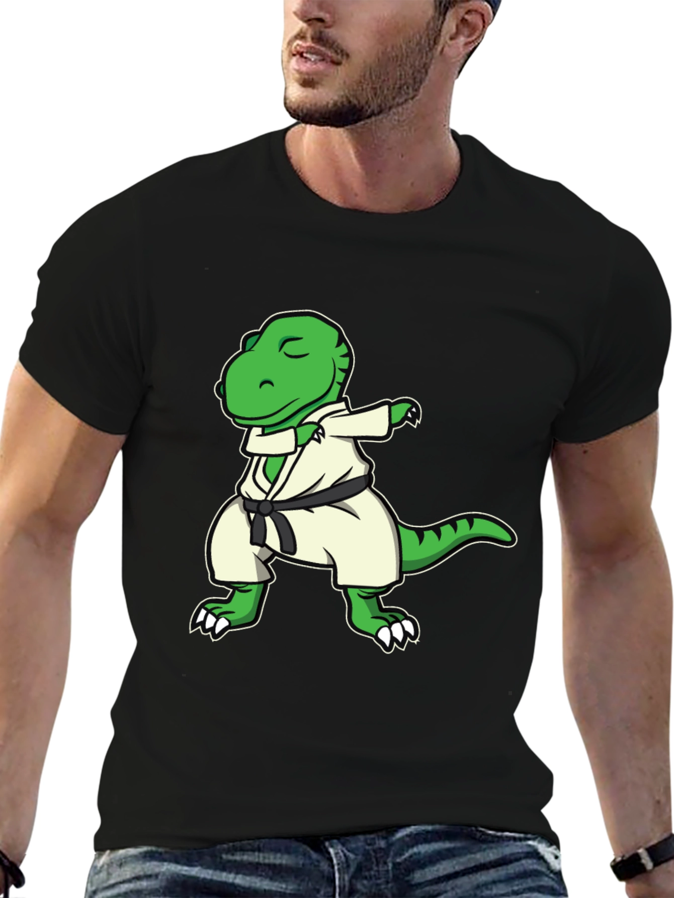 Black Dabbing Dinosaur Karate Black T-Shirt view 6