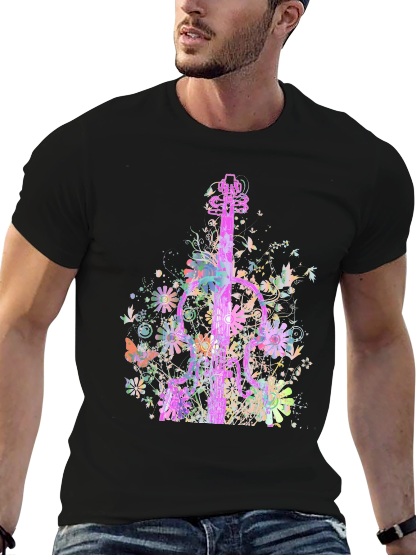 Black Floral Guitar Graphic T-Shirt view 6