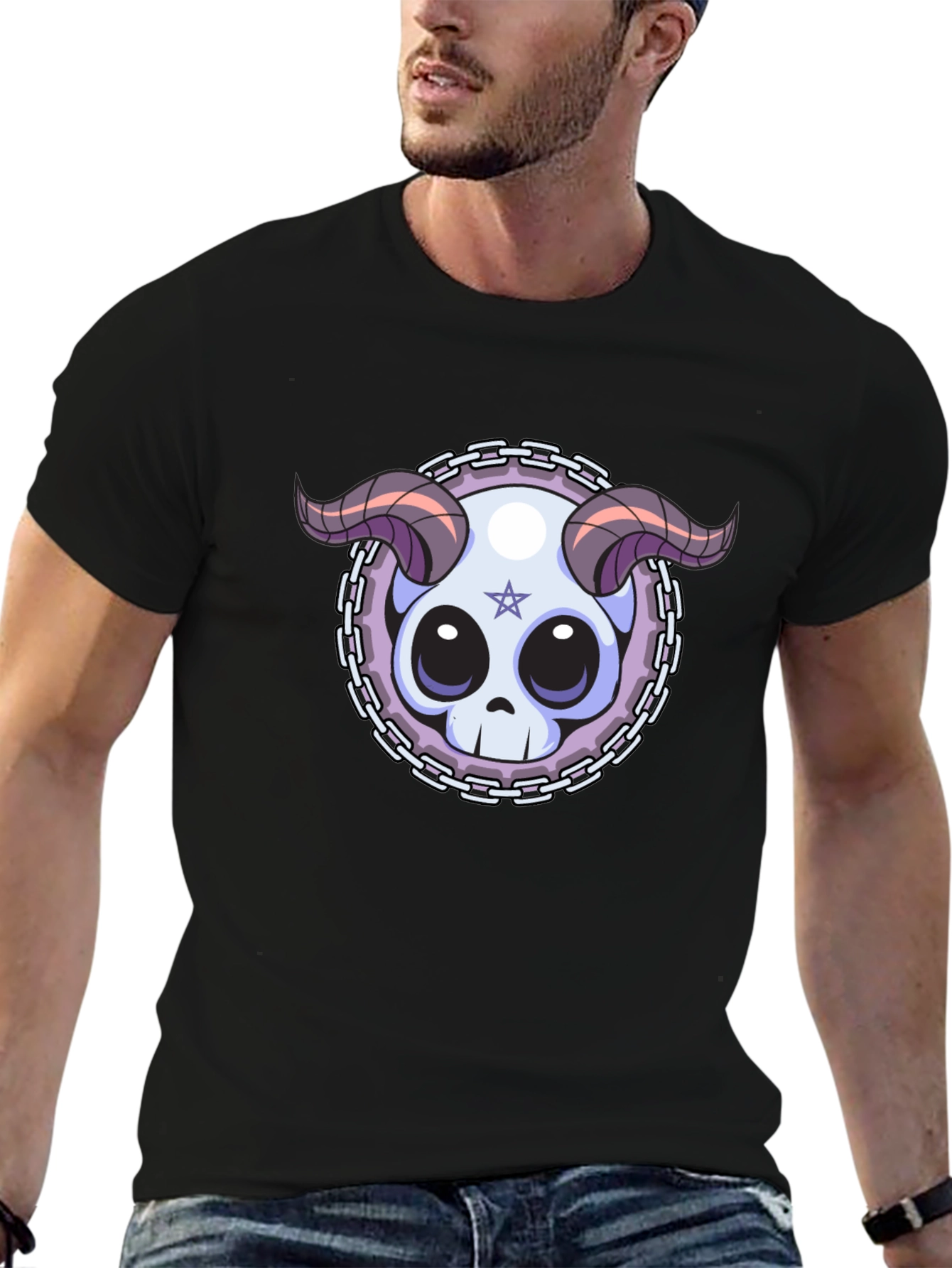 Black Skull & Horns Graphic Tee - Edgy Style view 6