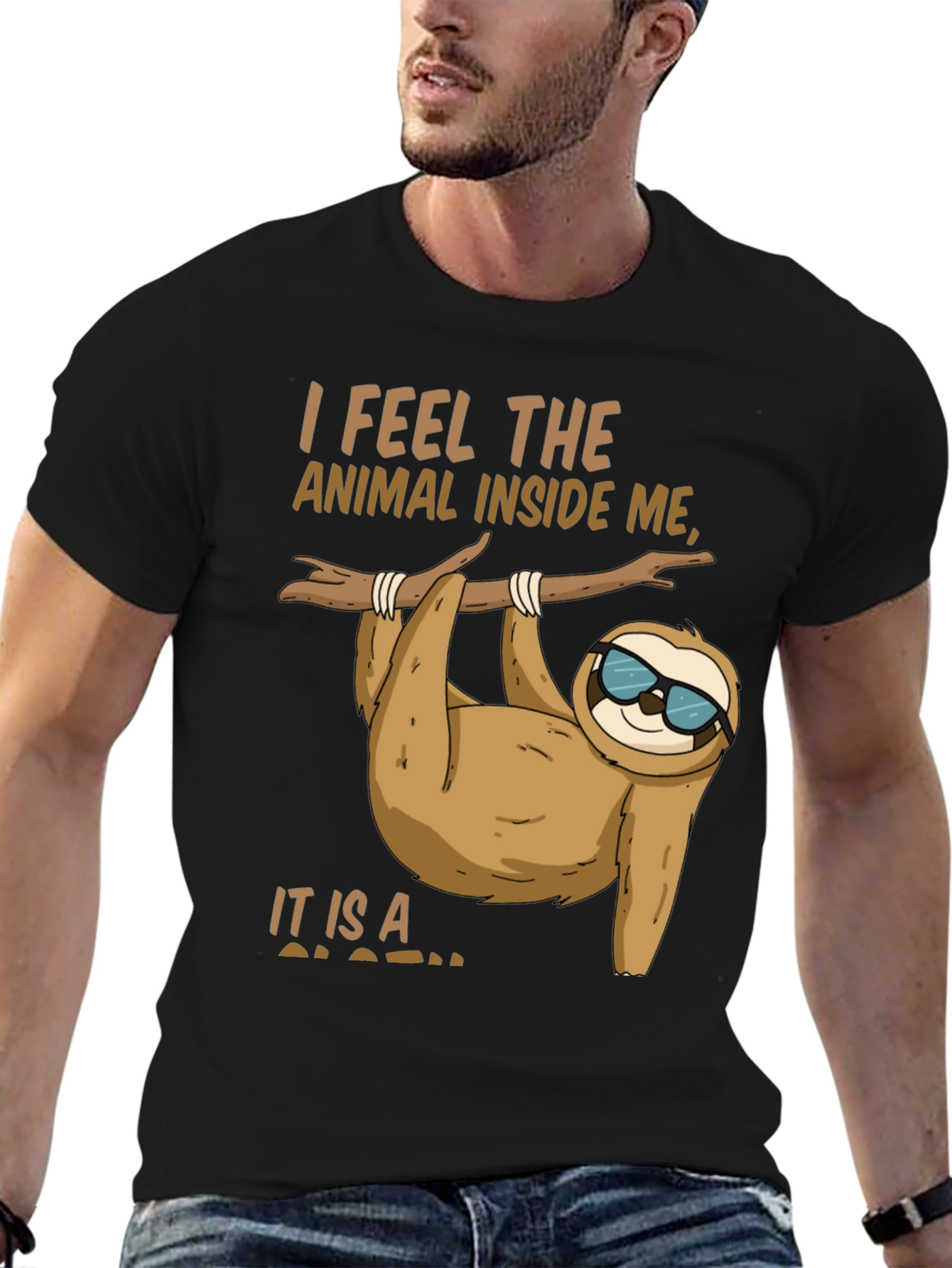Black Funny Sloth T-Shirt - I Feel the Animal Inside Me view 6