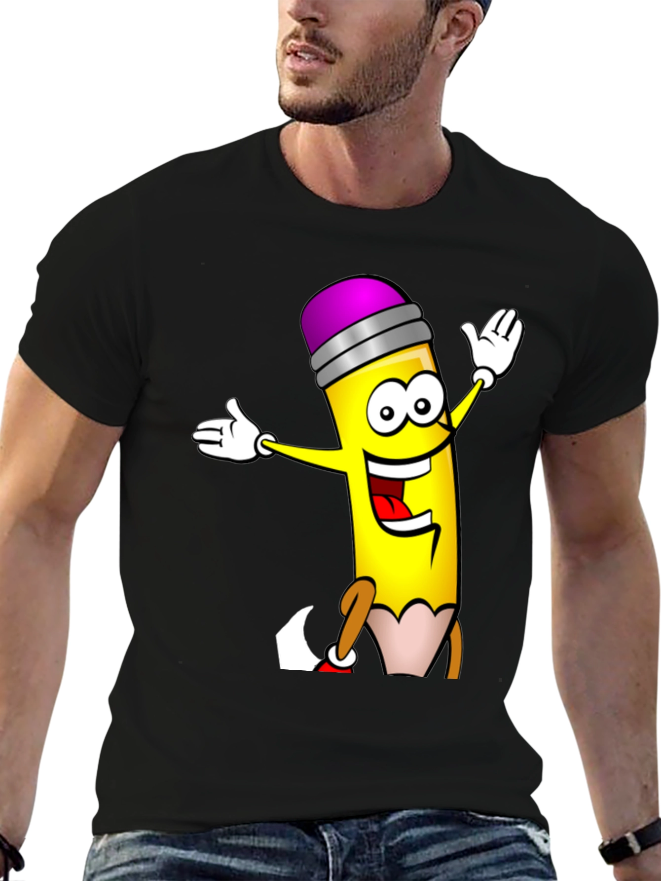 Black Cartoon Pencil T-Shirt - Black Cotton Graphic Tee view 6