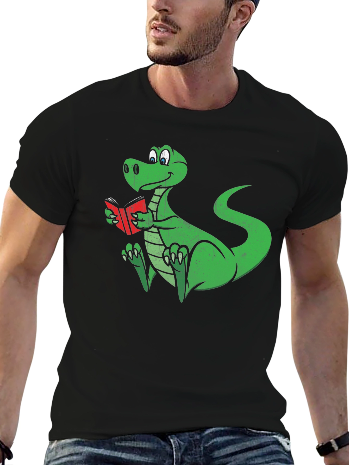 Black Dino Reading T-Shirt - Black Cotton Graphic Tee view 6