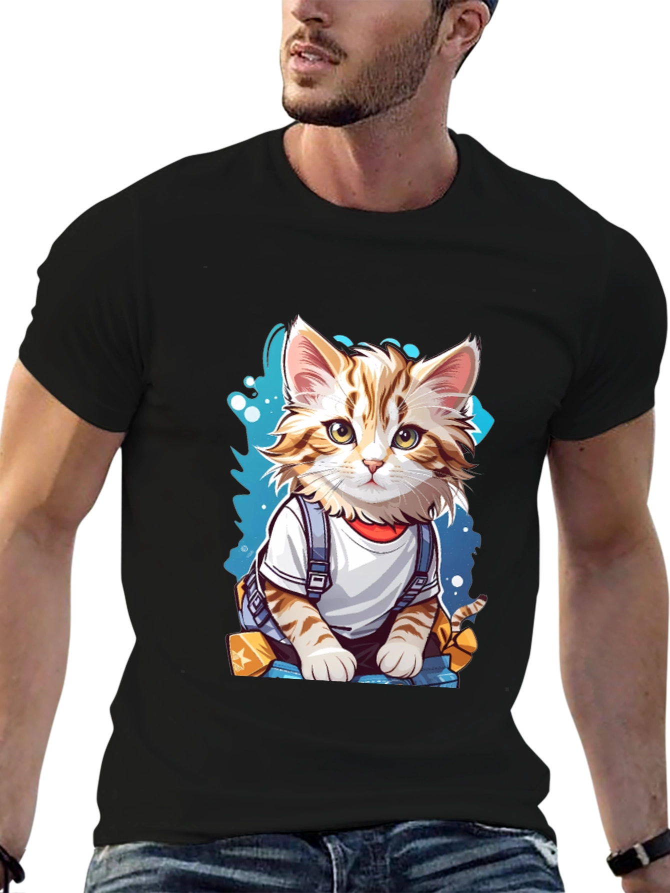 Black Cute Cartoon Cat T-Shirt view 6