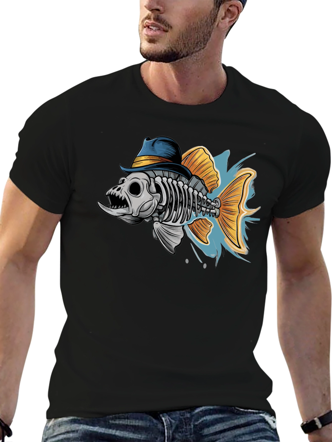 Black Fish Skeleton in Hat Graphic T-Shirt view 6