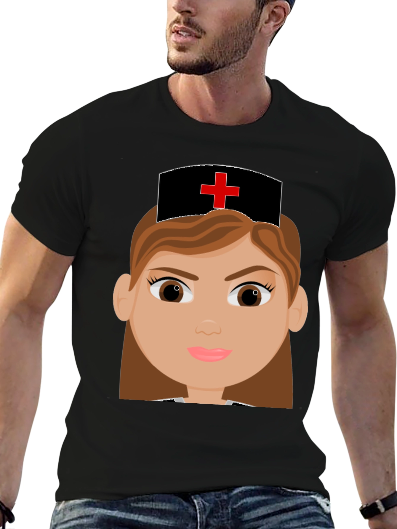 Cartoon Nurse Graphic Tee - Black Cotton Blend T-Shirt - 6