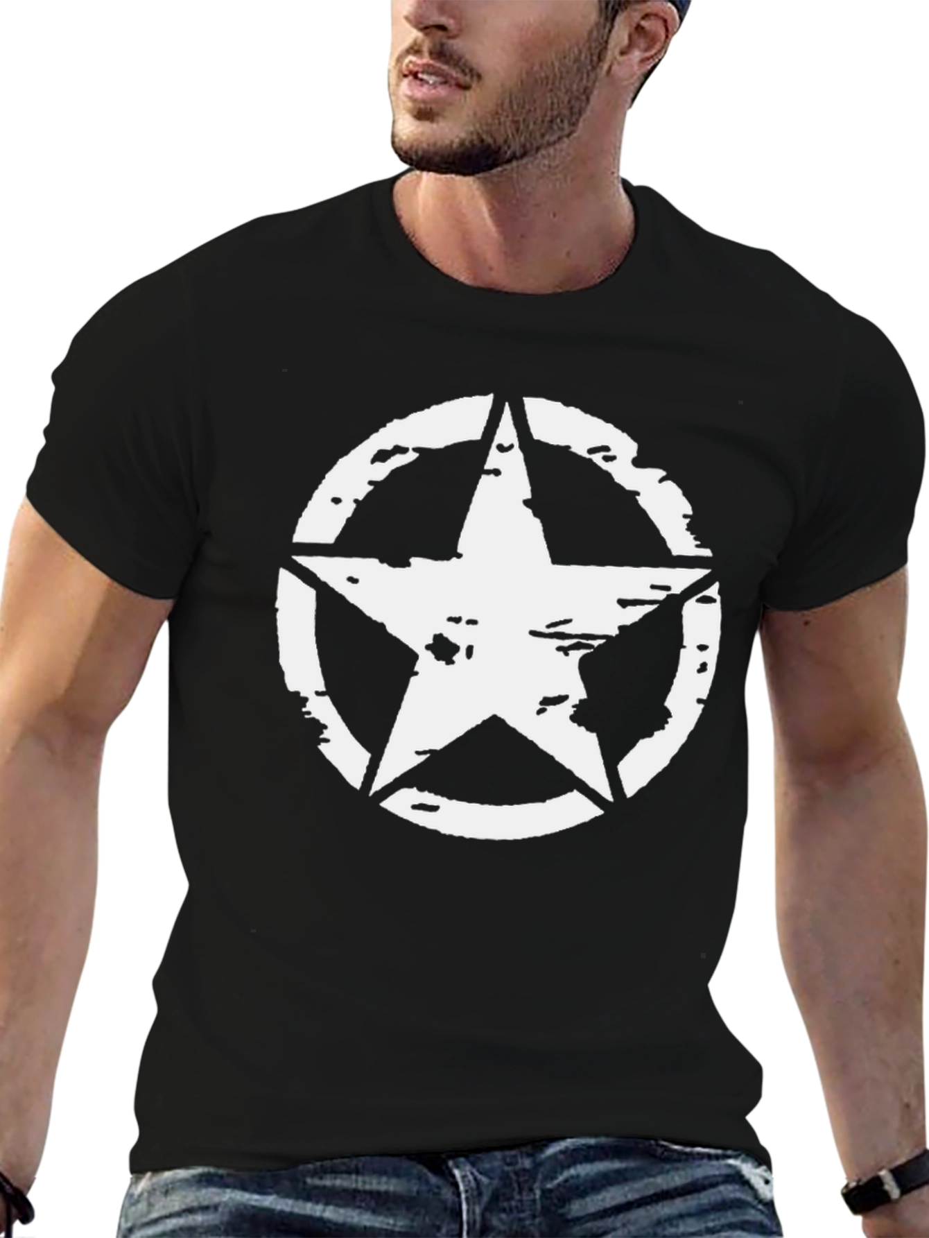 Black Distressed Star Graphic Tee - Black Cotton Blend Shirt view 6