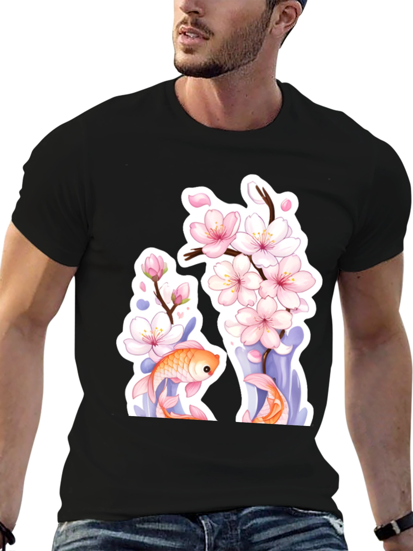 Black Cherry Blossom Koi Fish Graphic Tee view 6