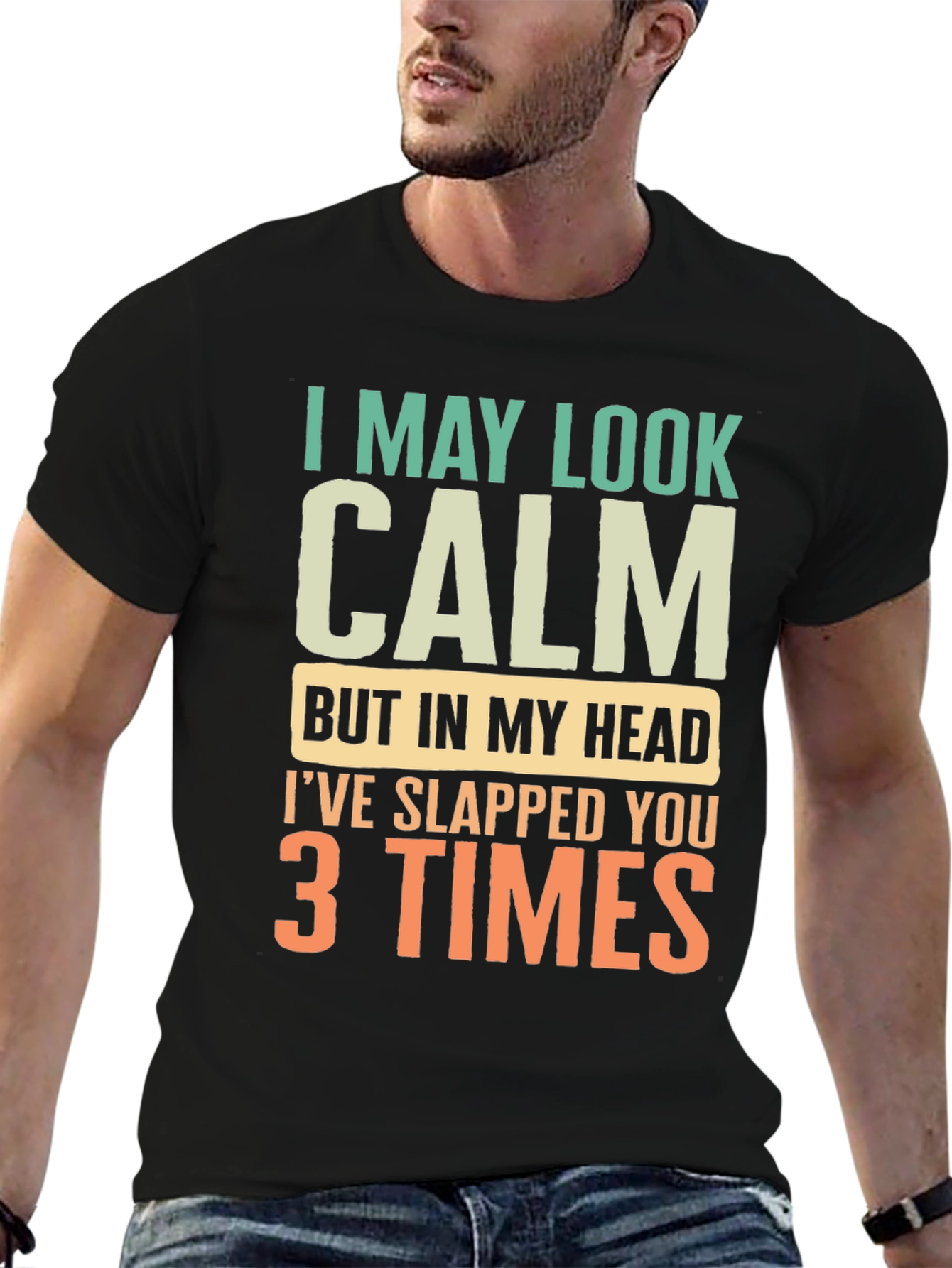Black Funny Calm Slapped 3 Times Graphic Tee view 6