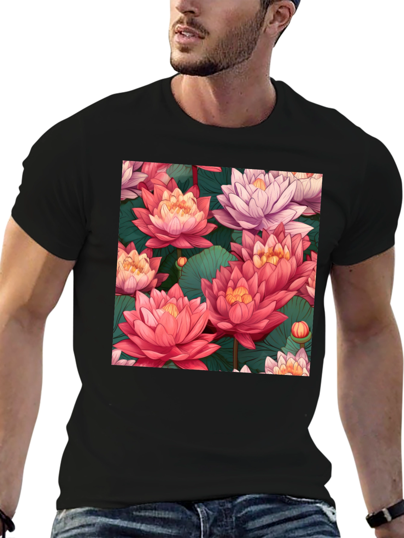 Black Lotus Floral Print Black T-Shirt view 6