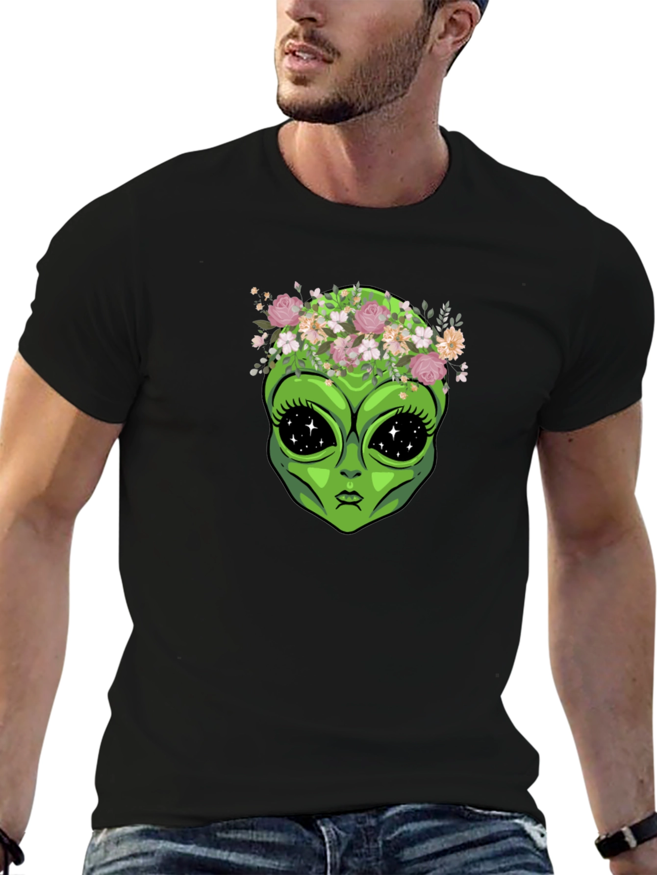 Black Alien Flower Crown Graphic Tee - Black view 6