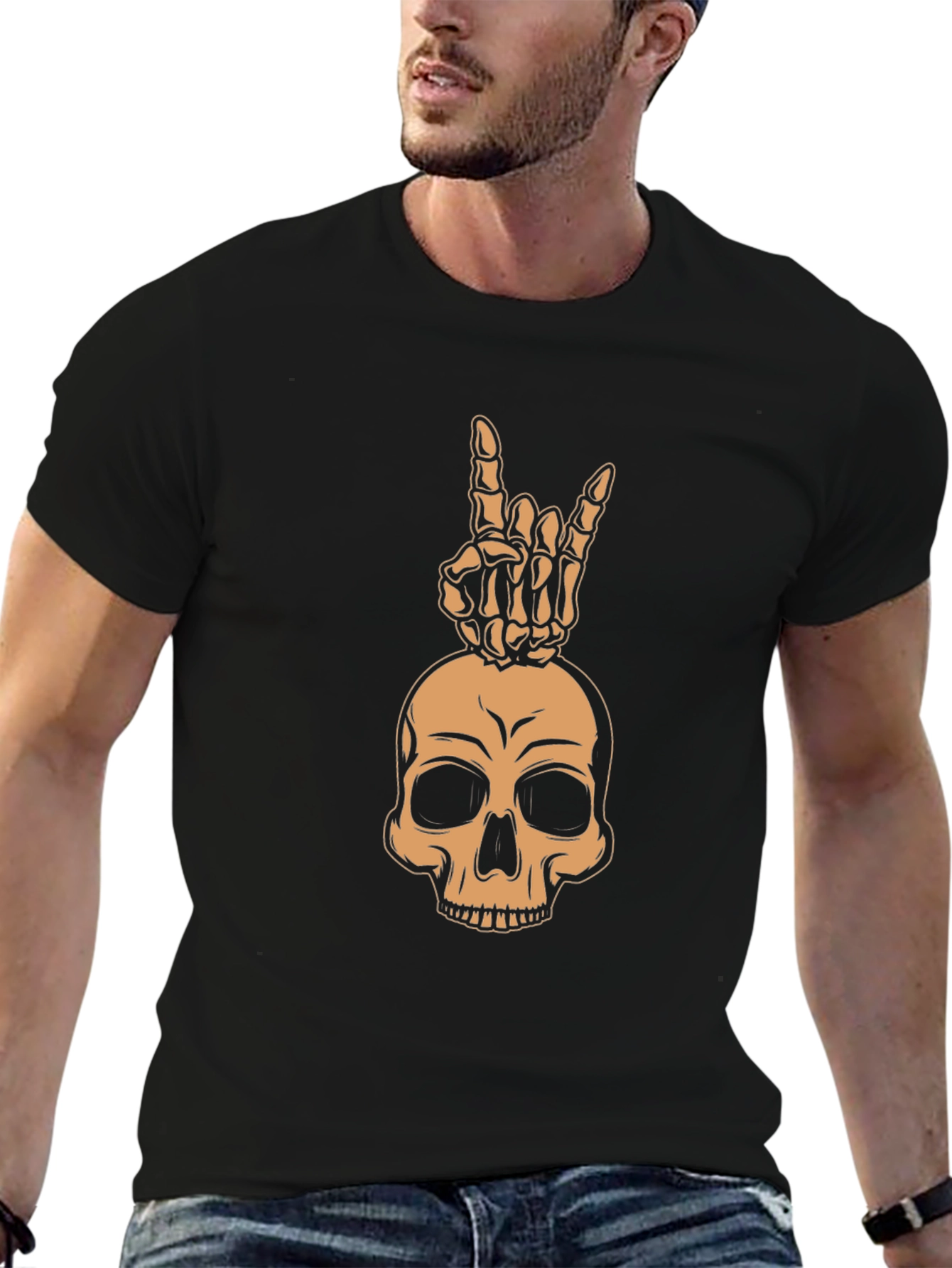 Black Skull & Hand Sign Graphic Tee - Rock On! view 6