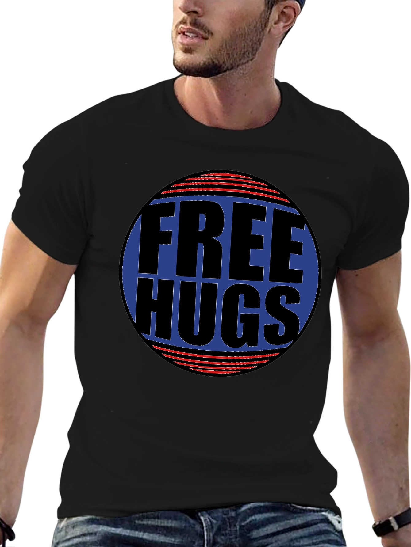 Black Free Hugs Graphic T-Shirt - Black Cotton Blend Casual Tee view 6