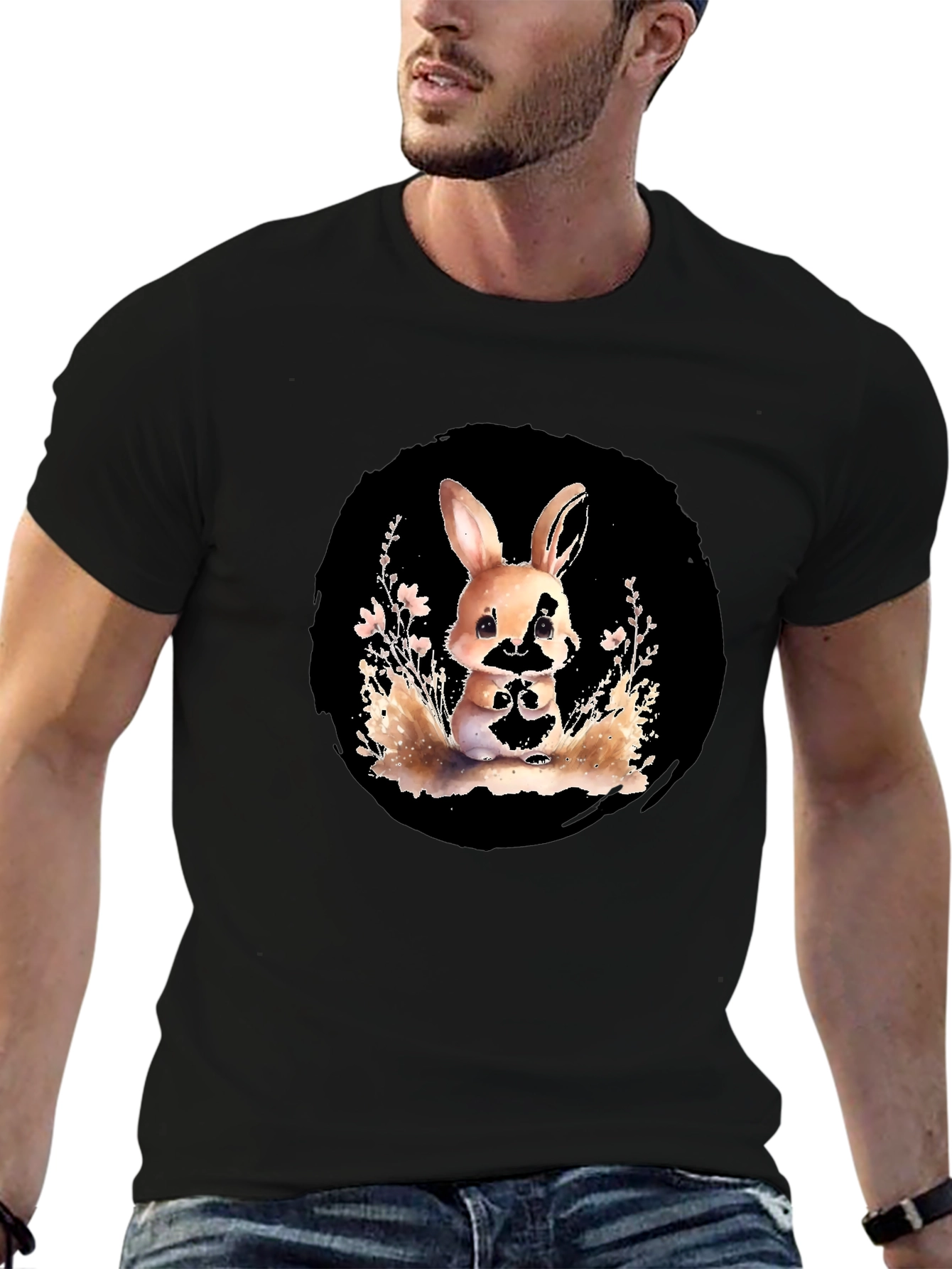 Black Cute Rabbit Graphic Tee - Stylish Black Cotton Blend Shirt view 6