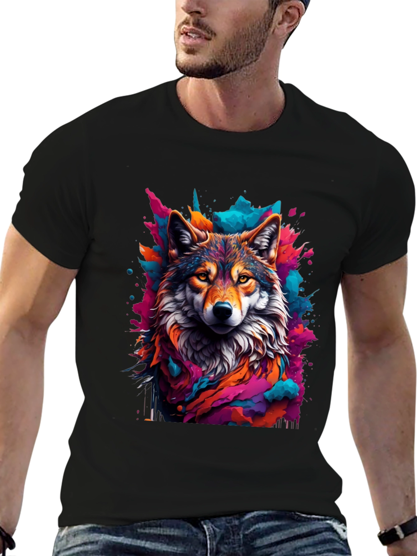 Black Wolf Art Graphic Black Tee - Vibrant Men's T-Shirt view 6
