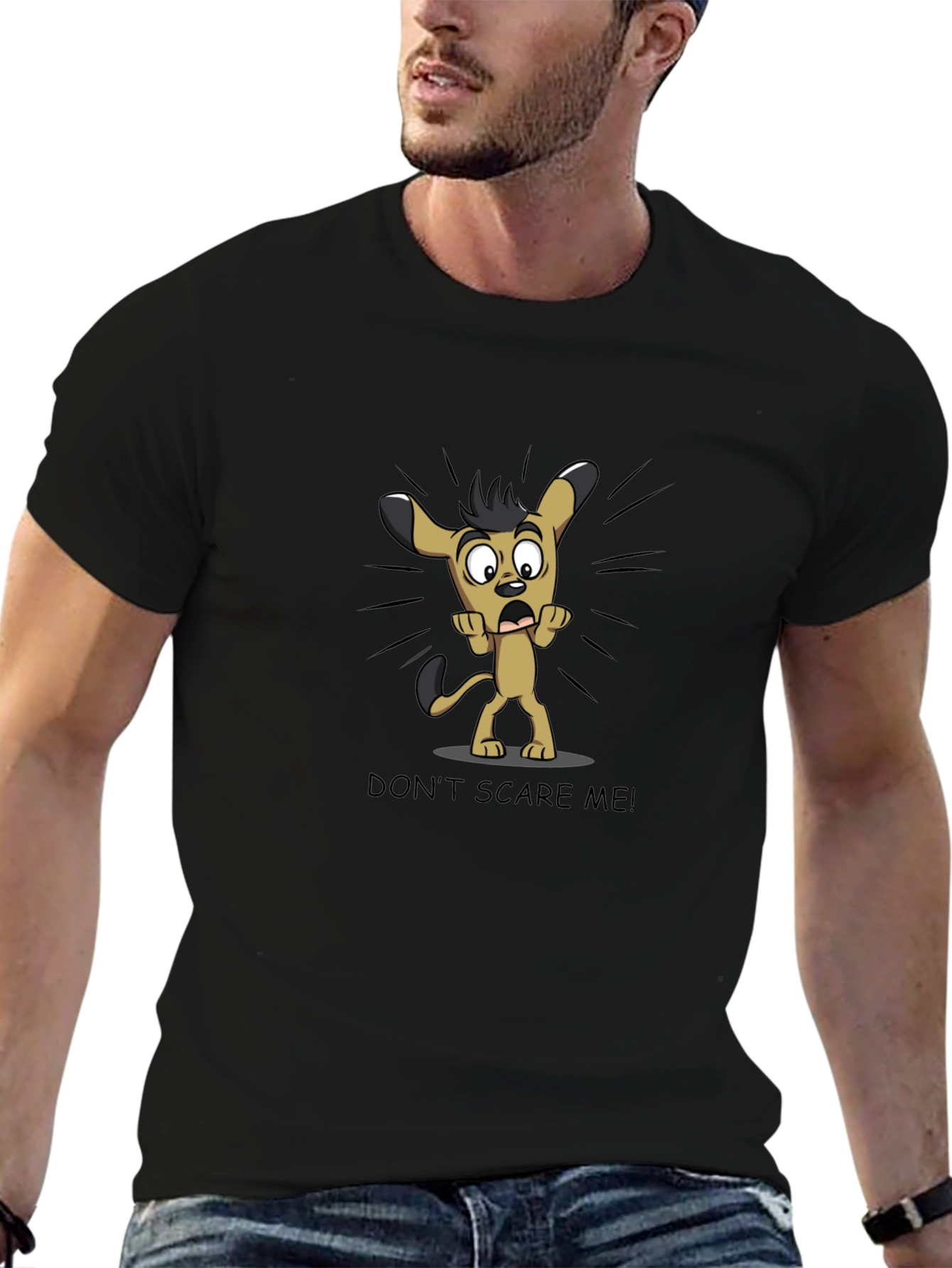 Black Cartoon Dog Graphic Tee - "Don't Scare Me!" Black T-Shirt view 6