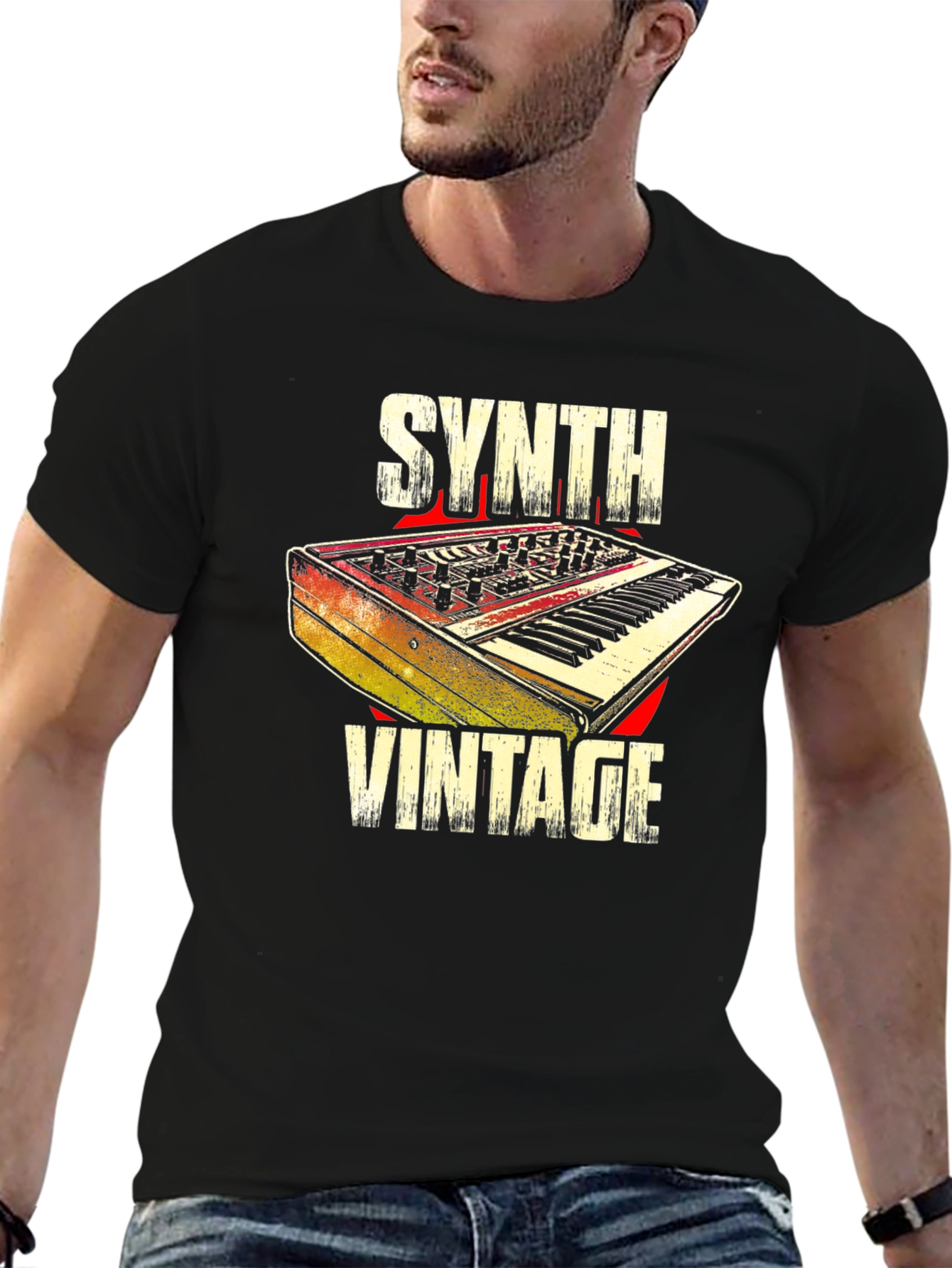 Black Synth Vintage T-Shirt Retro Keyboard view 6