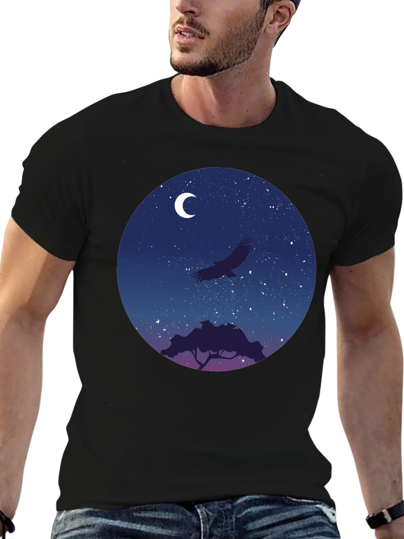 Black Night Sky Eagle Graphic Tee - Black Cotton Blend view 6